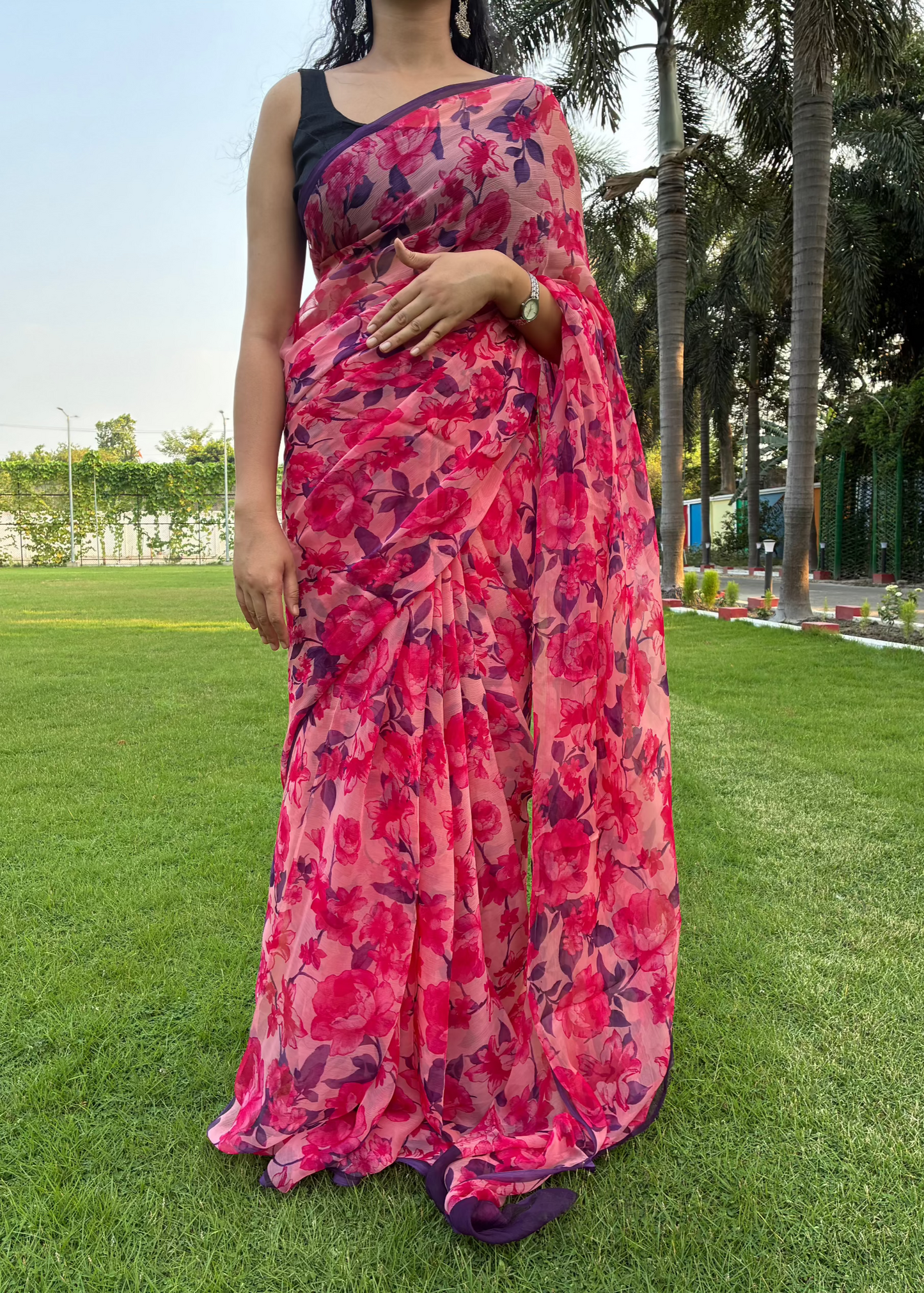 Pink and Navy Blue Floral Pure Chiffon Saree