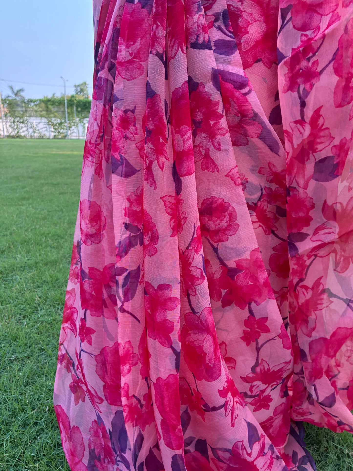 Pink and Navy Blue Floral Pure Chiffon Saree