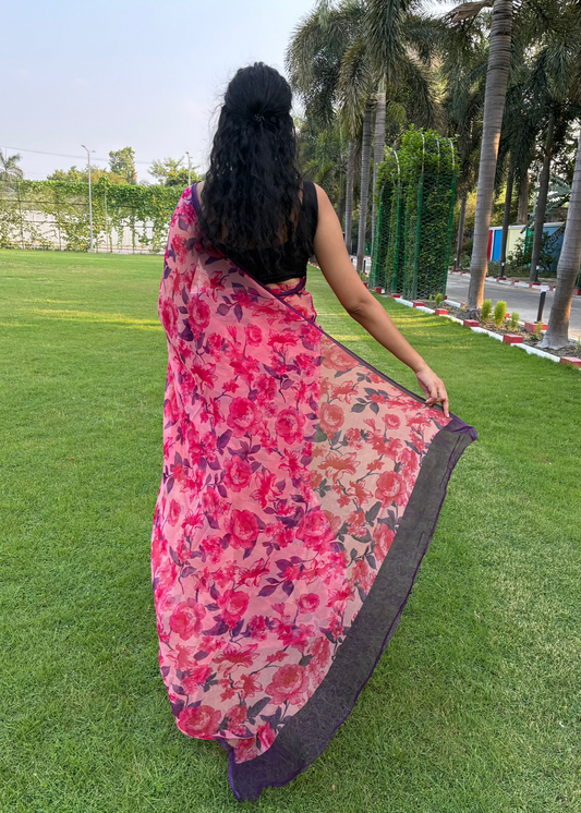 Pink and Navy Blue Floral Pure Chiffon Saree
