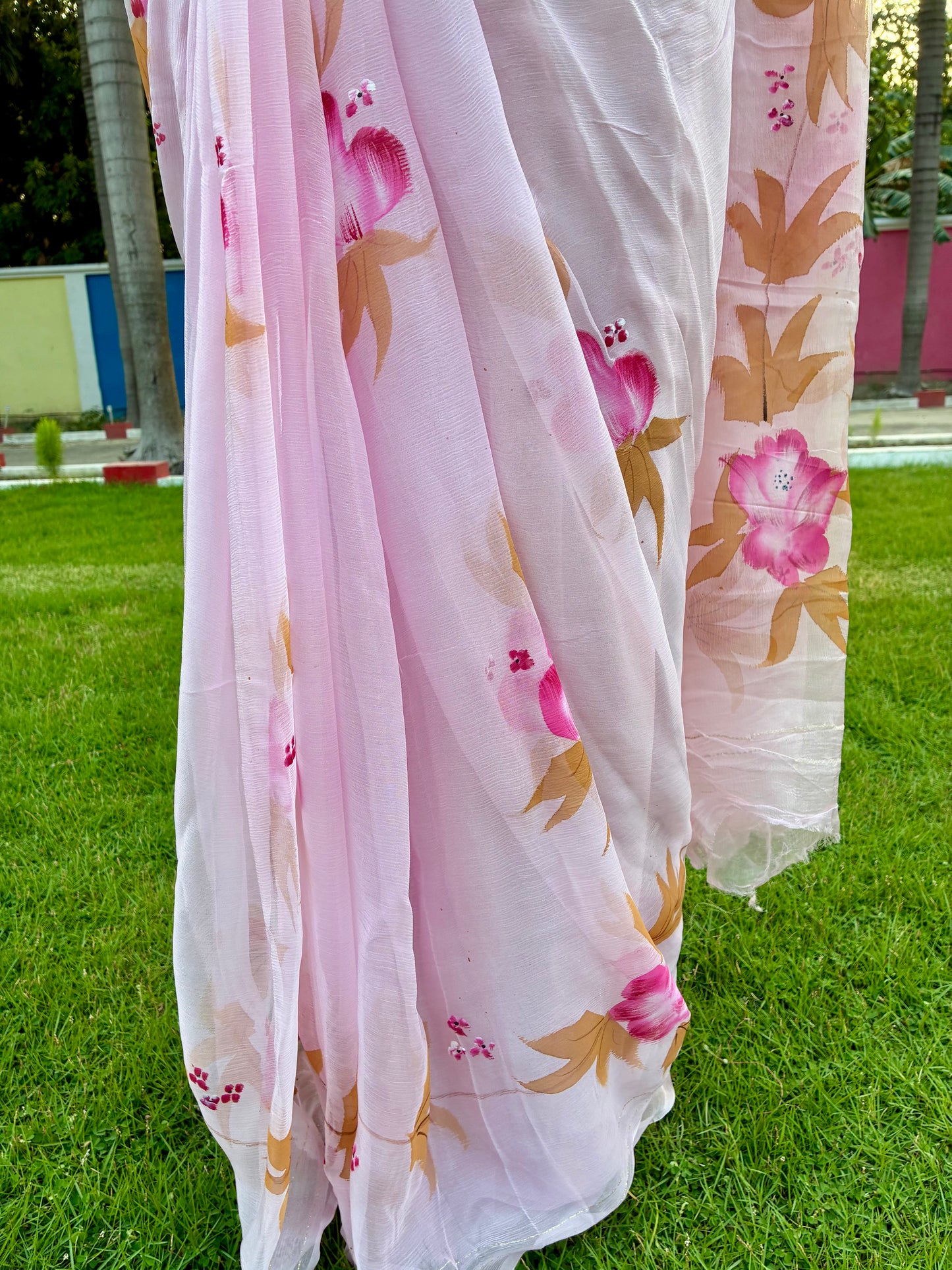Baby Pink Handpainted Pure Chiffon Saree