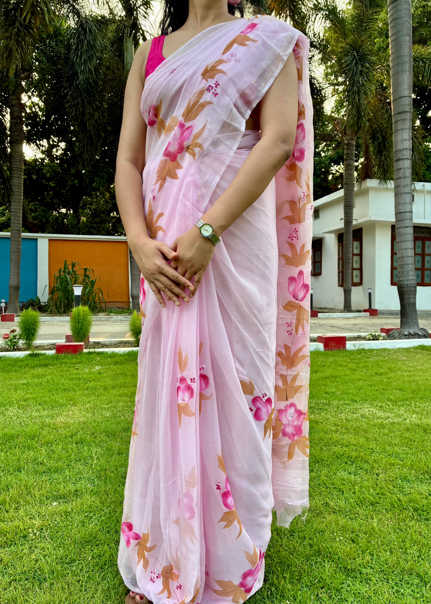 Baby Pink Handpainted Pure Chiffon Saree