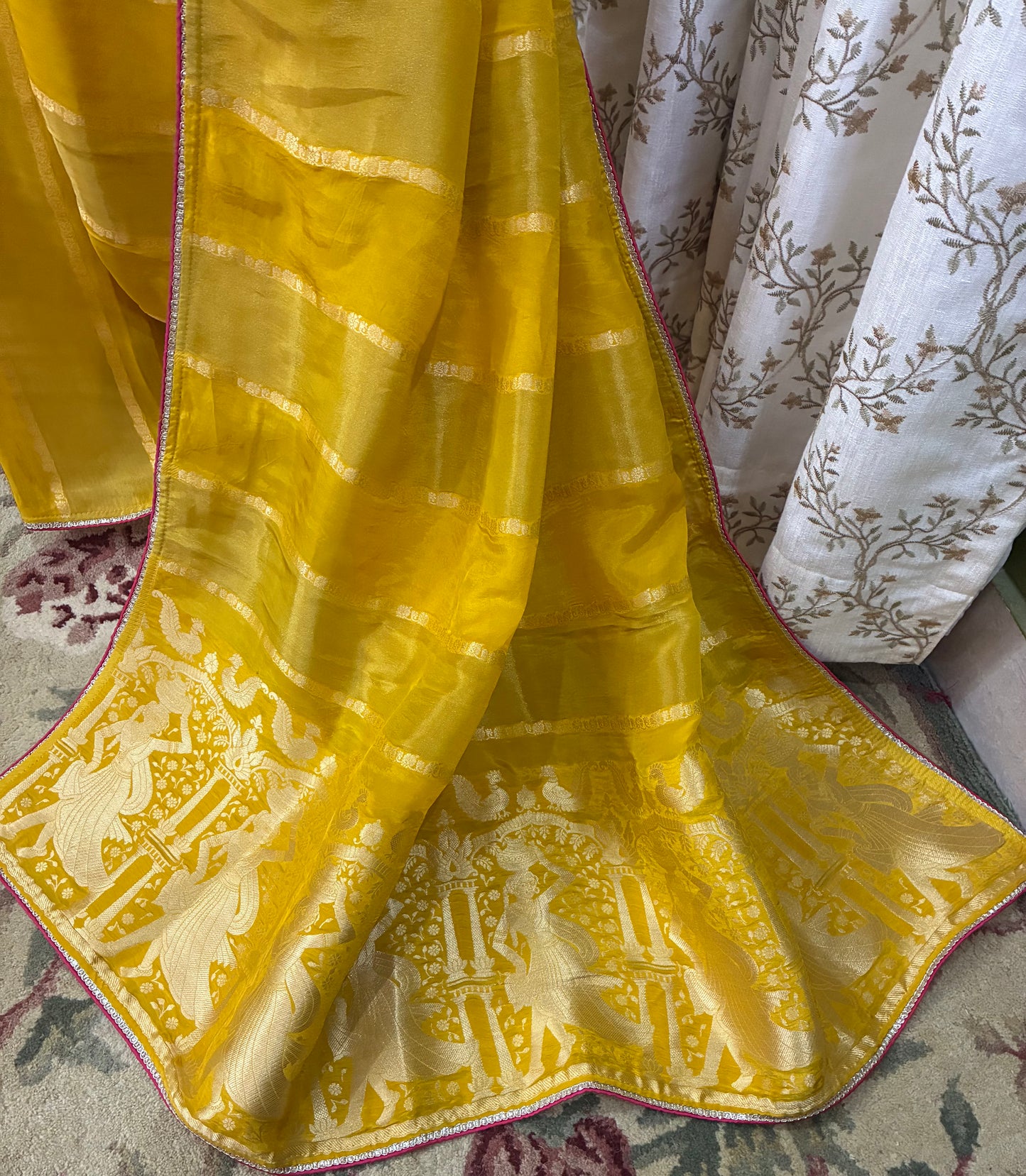 Yellow Striped Dola Silk Saree