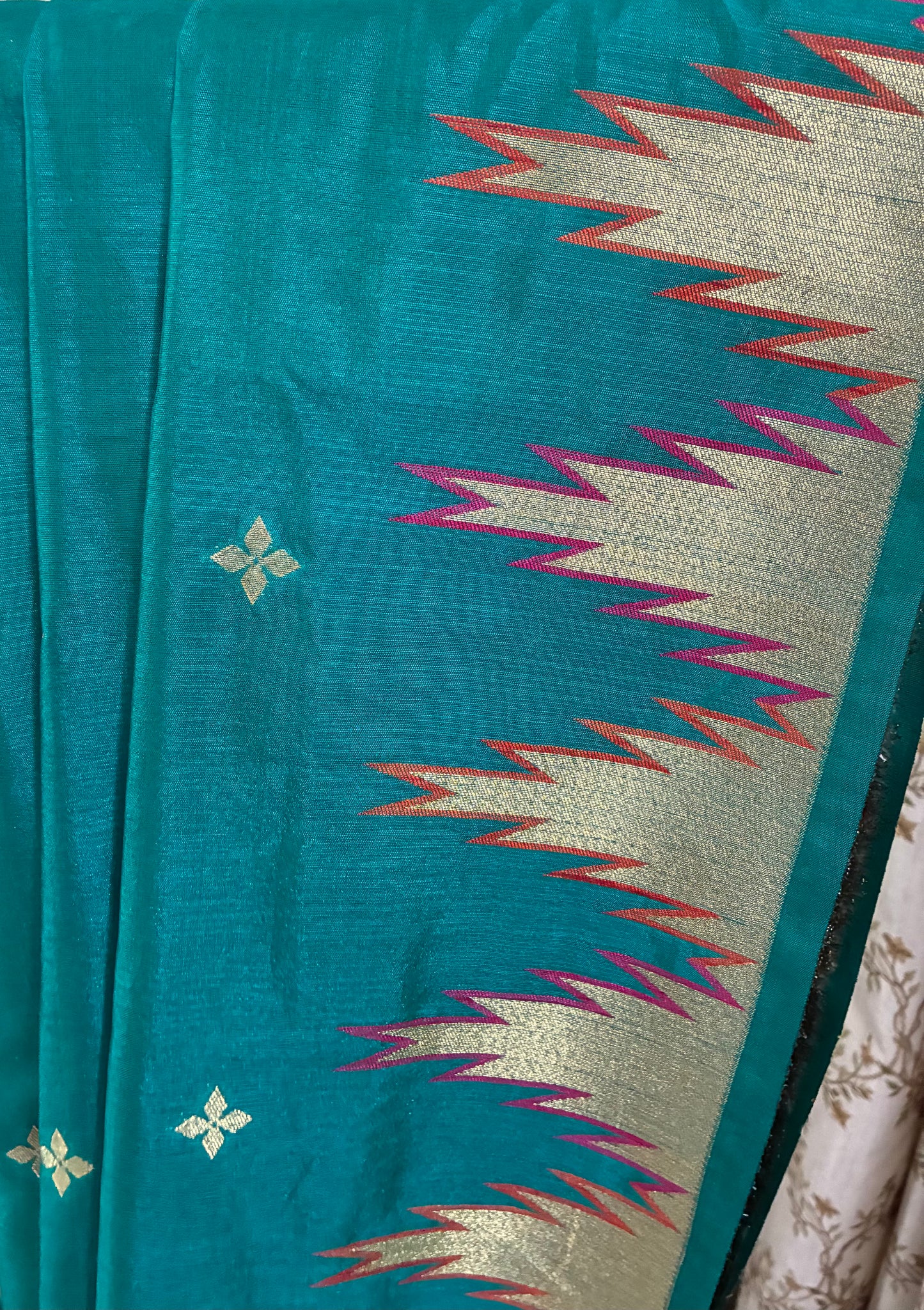 Teal Temple Border Chanderi Silk