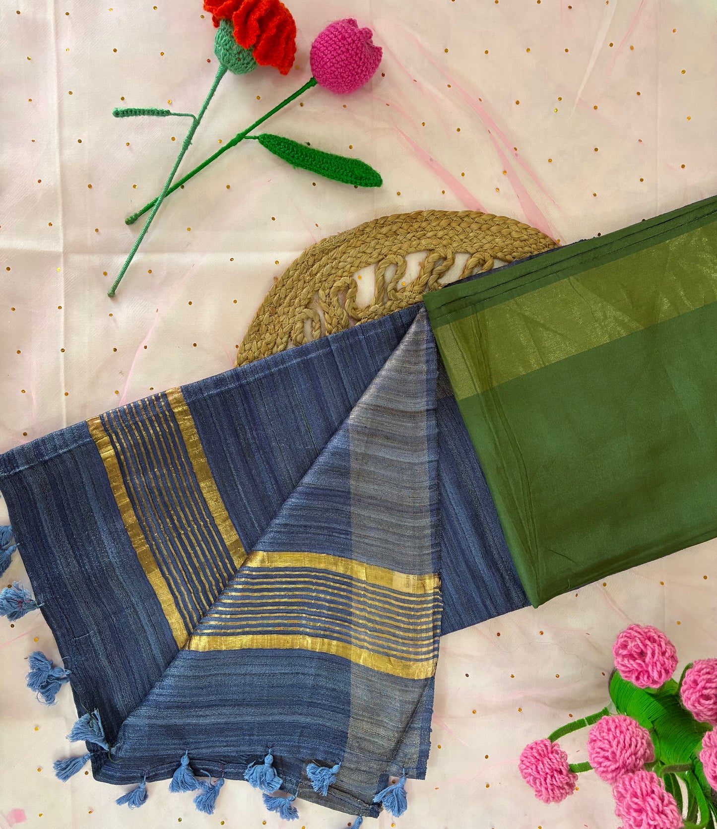 Green- Blue Half Silk Bhagalpuri Silk Saree