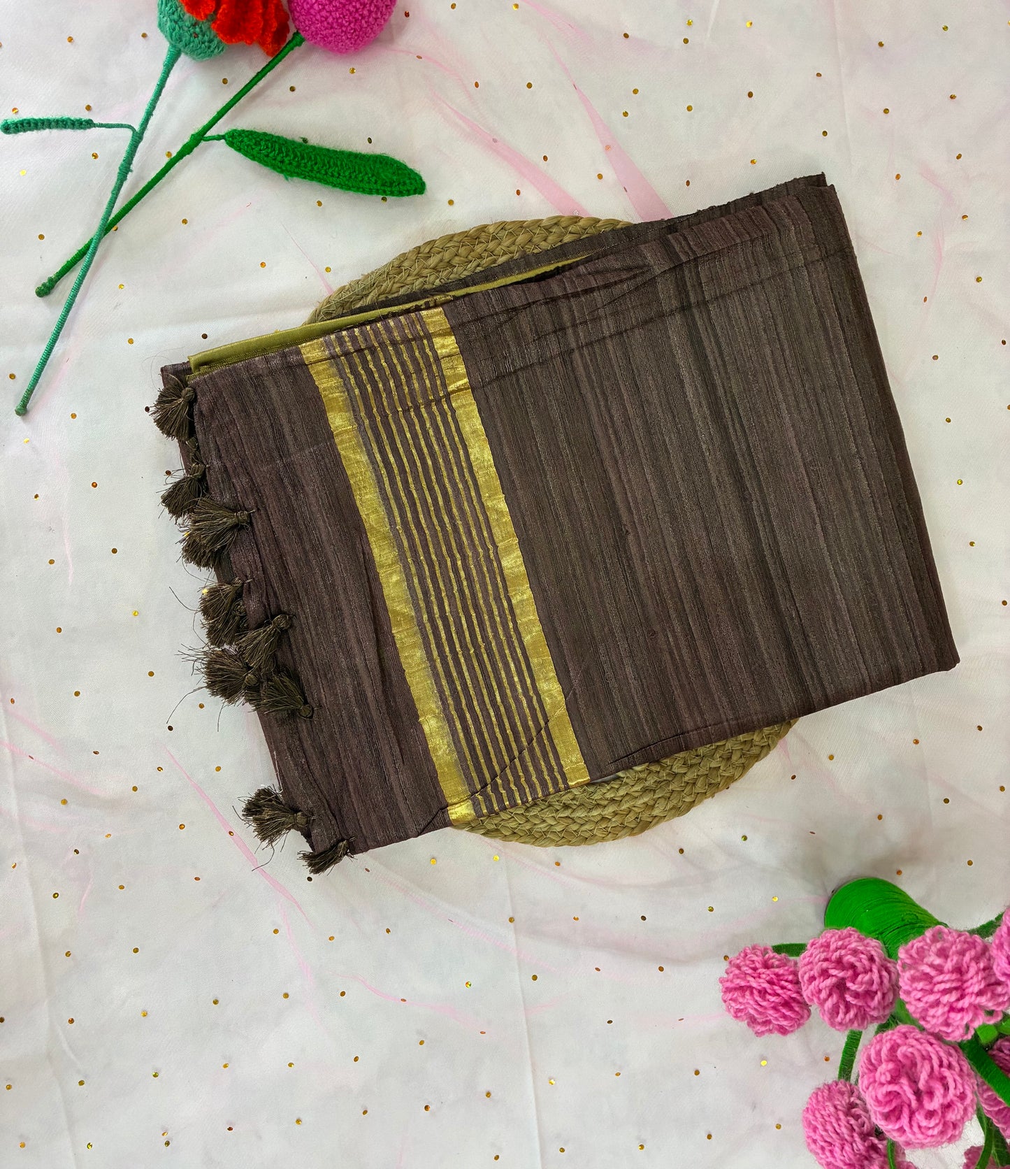 Mehndi- Brown Half Silk Bhagalpuri Silk Saree