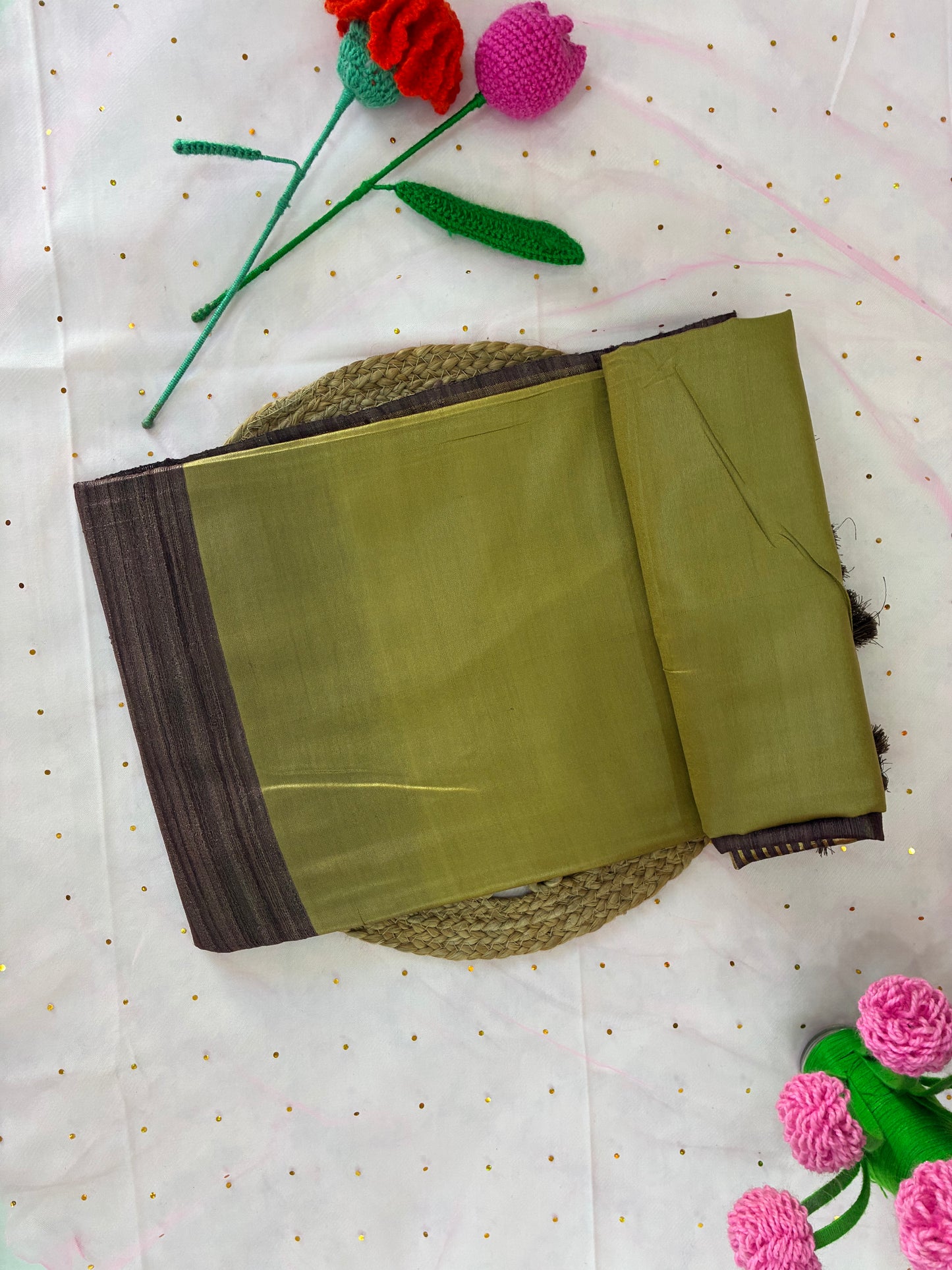 Mehndi- Brown Half Silk Bhagalpuri Silk Saree