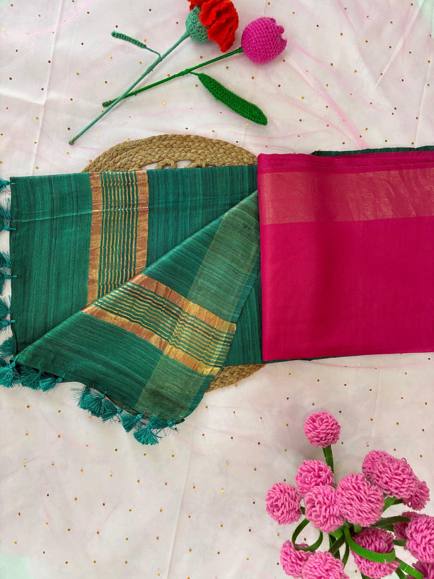 Pink Green Half Silk Bhagalpuri Silk Saree