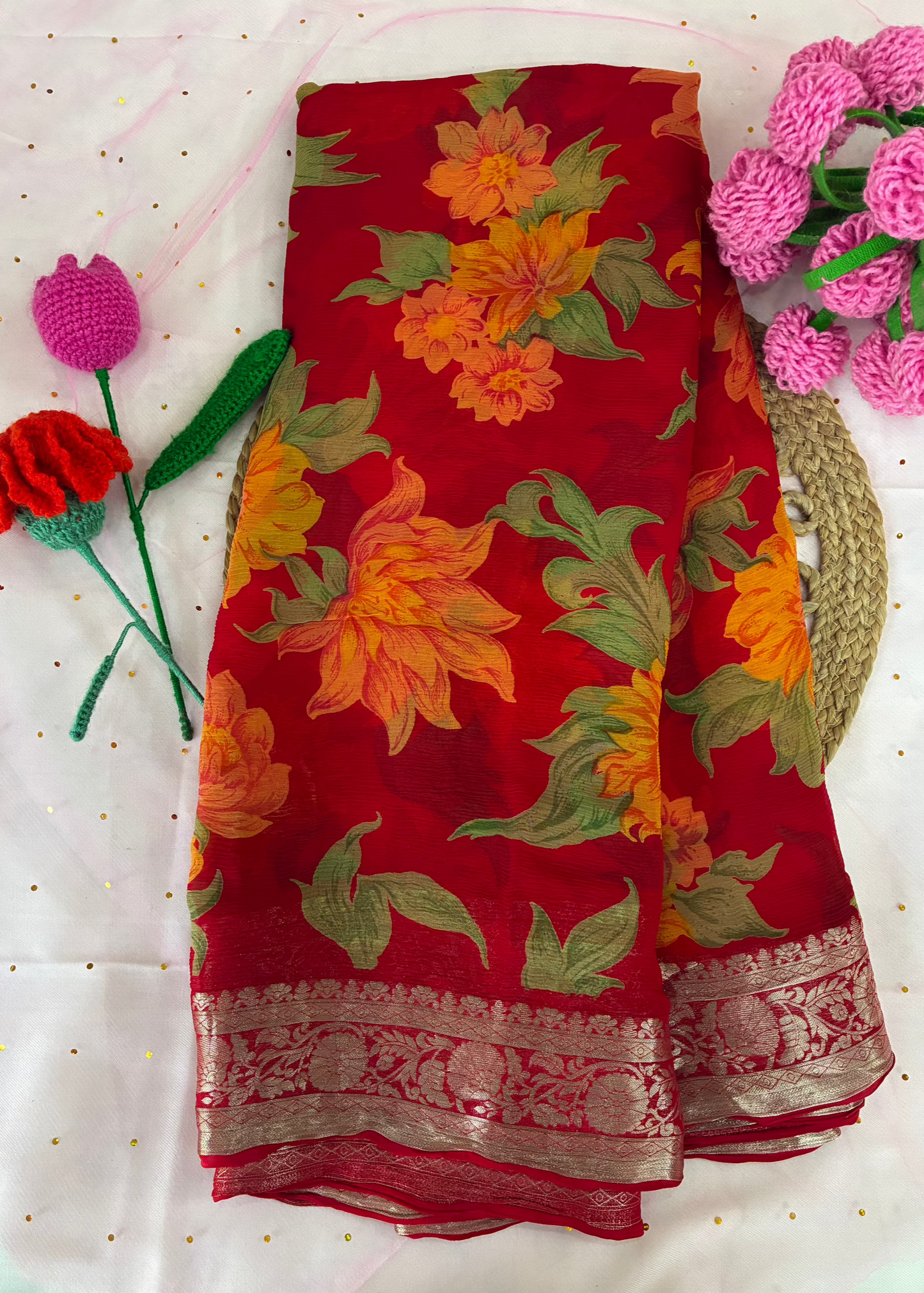 Red Floral Pure Chiffon Saree