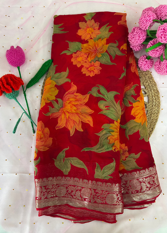 Red Floral Pure Chiffon Saree
