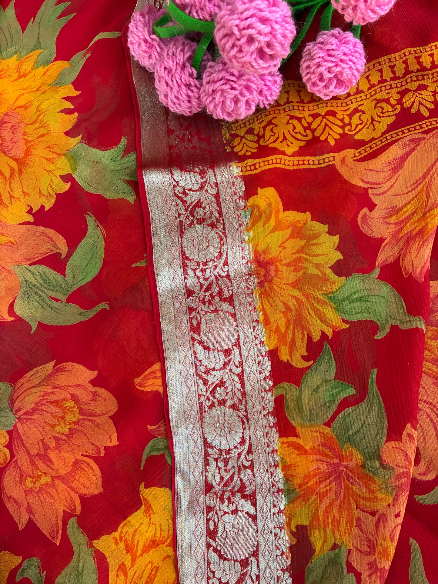 Red Floral Pure Chiffon Saree
