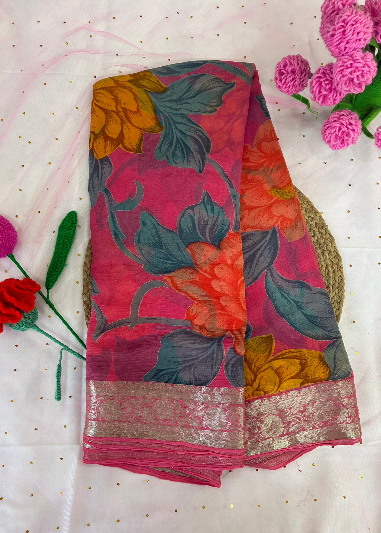 Pink Floral Pure Chiffon Saree