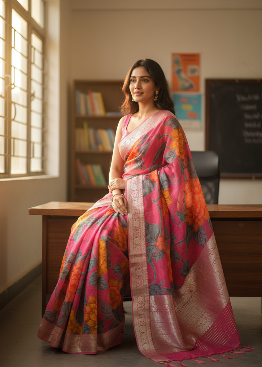 Pink Floral Pure Chiffon Saree
