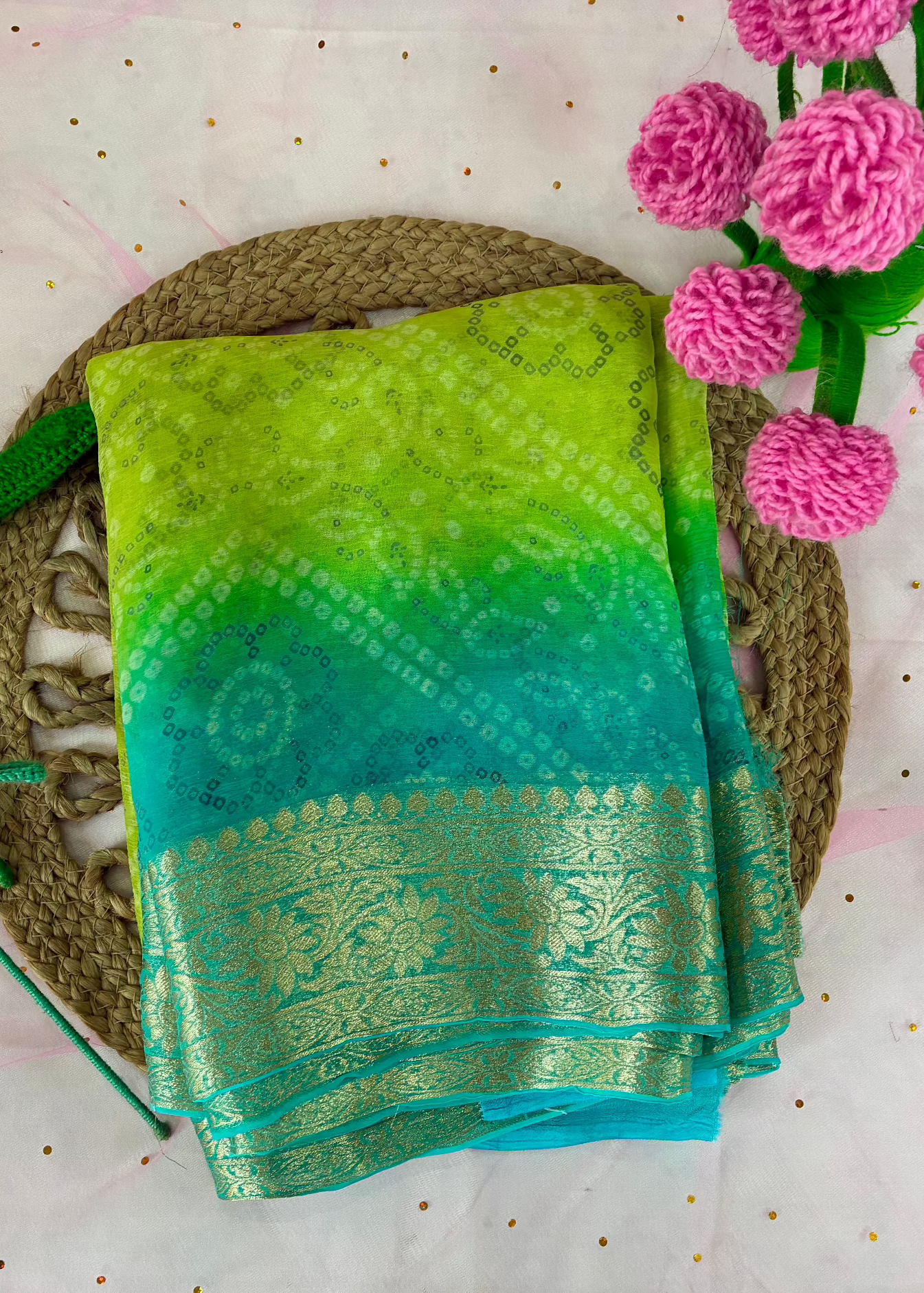 Blue Green Pure Chiffon Saree