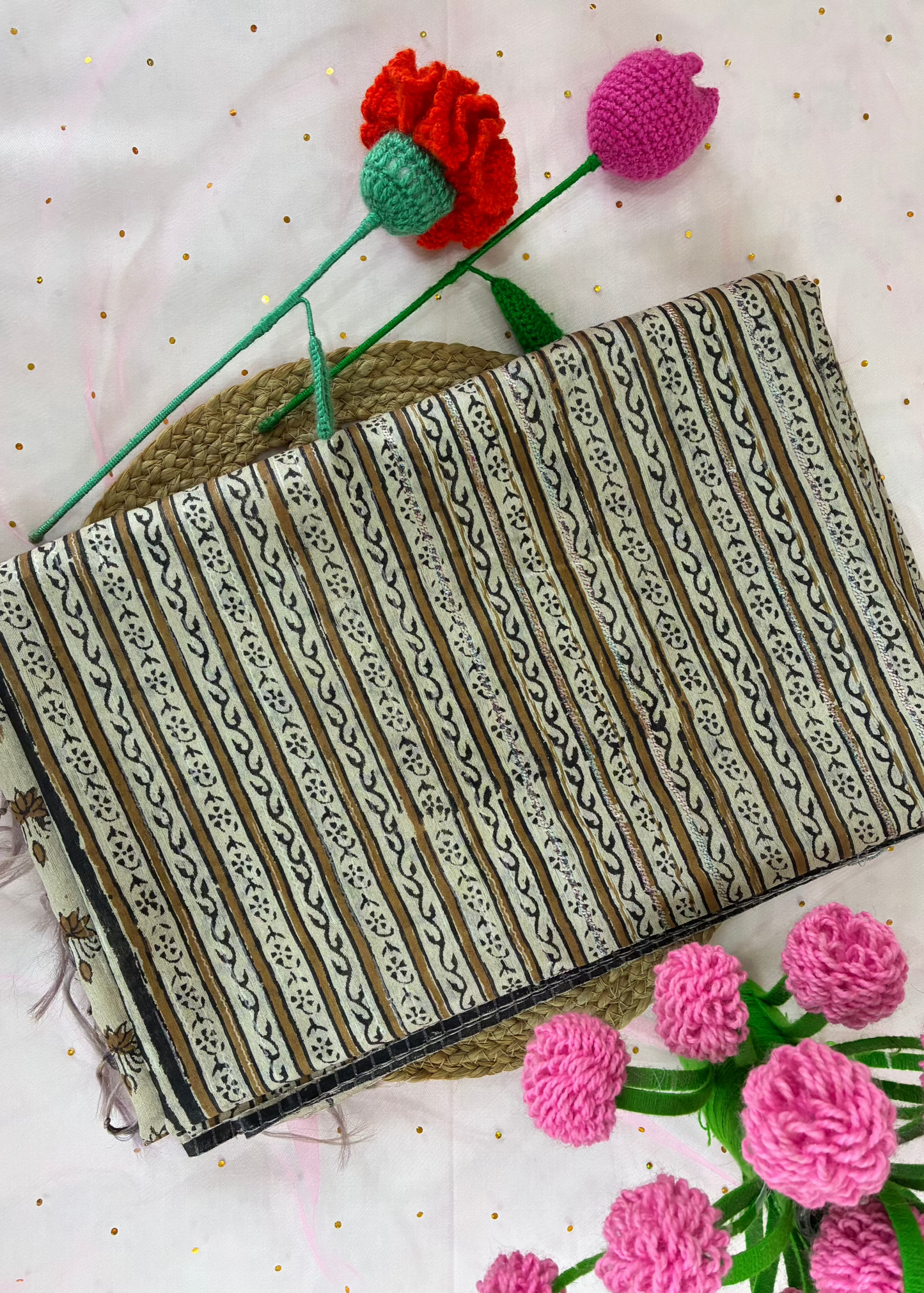 Beige Butta Hand Printed Chanderi Saree