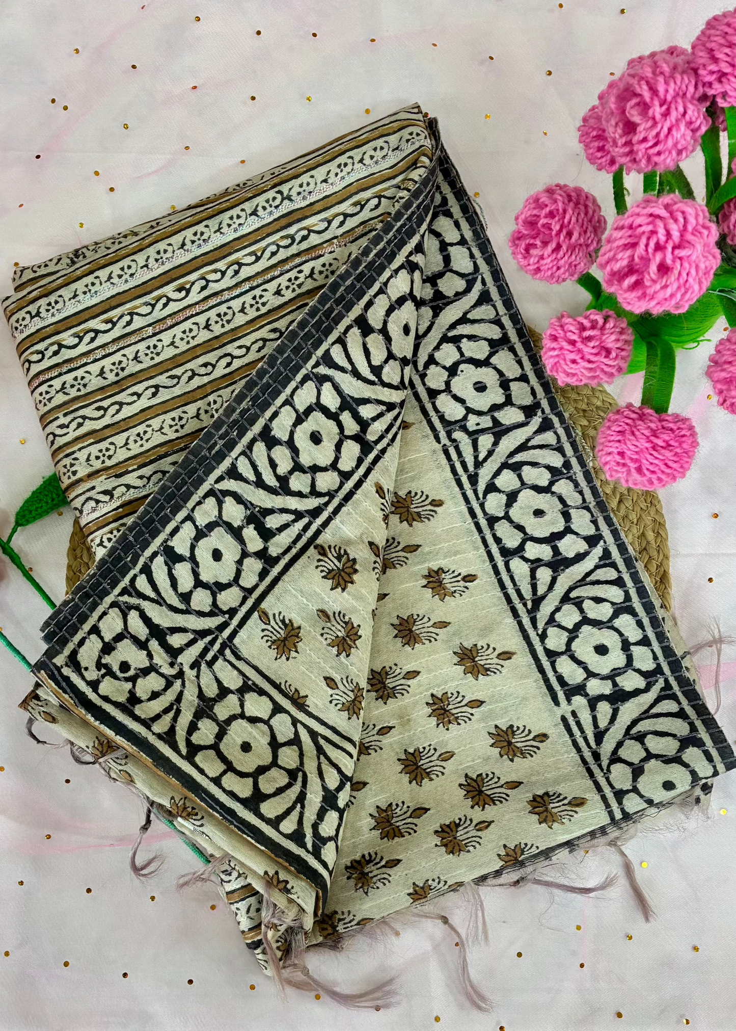 Beige Butta Hand Printed Chanderi Saree