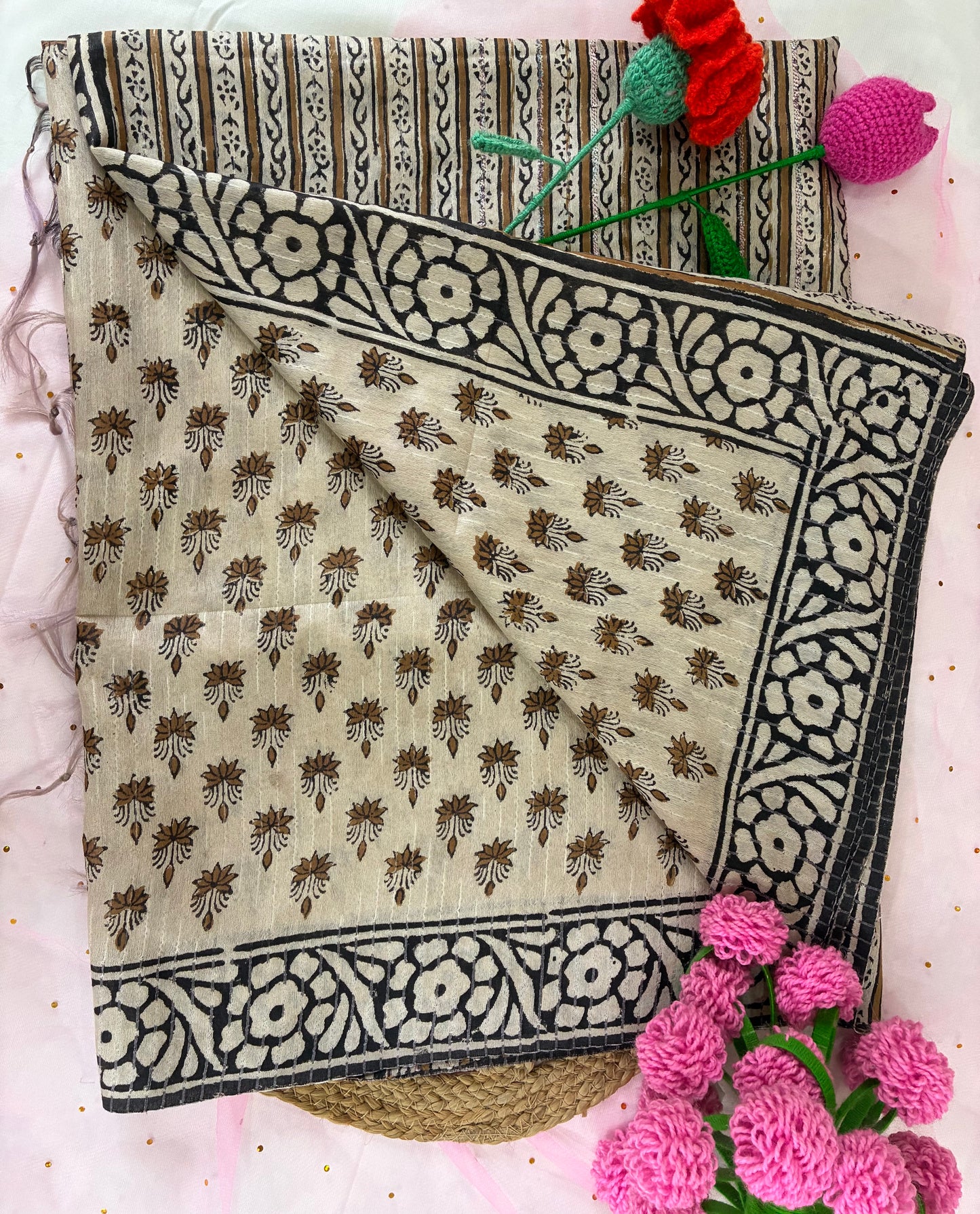 Beige Butta Hand Printed Chanderi Saree