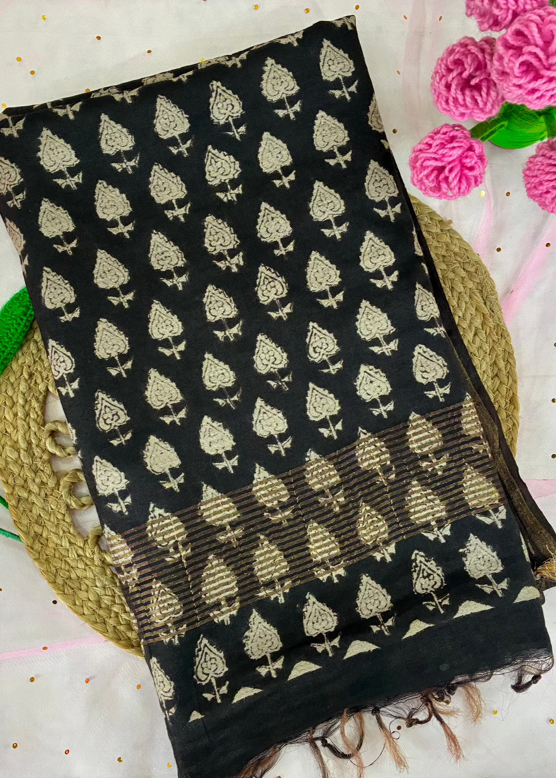 Black Handprinted Chanderi Saree