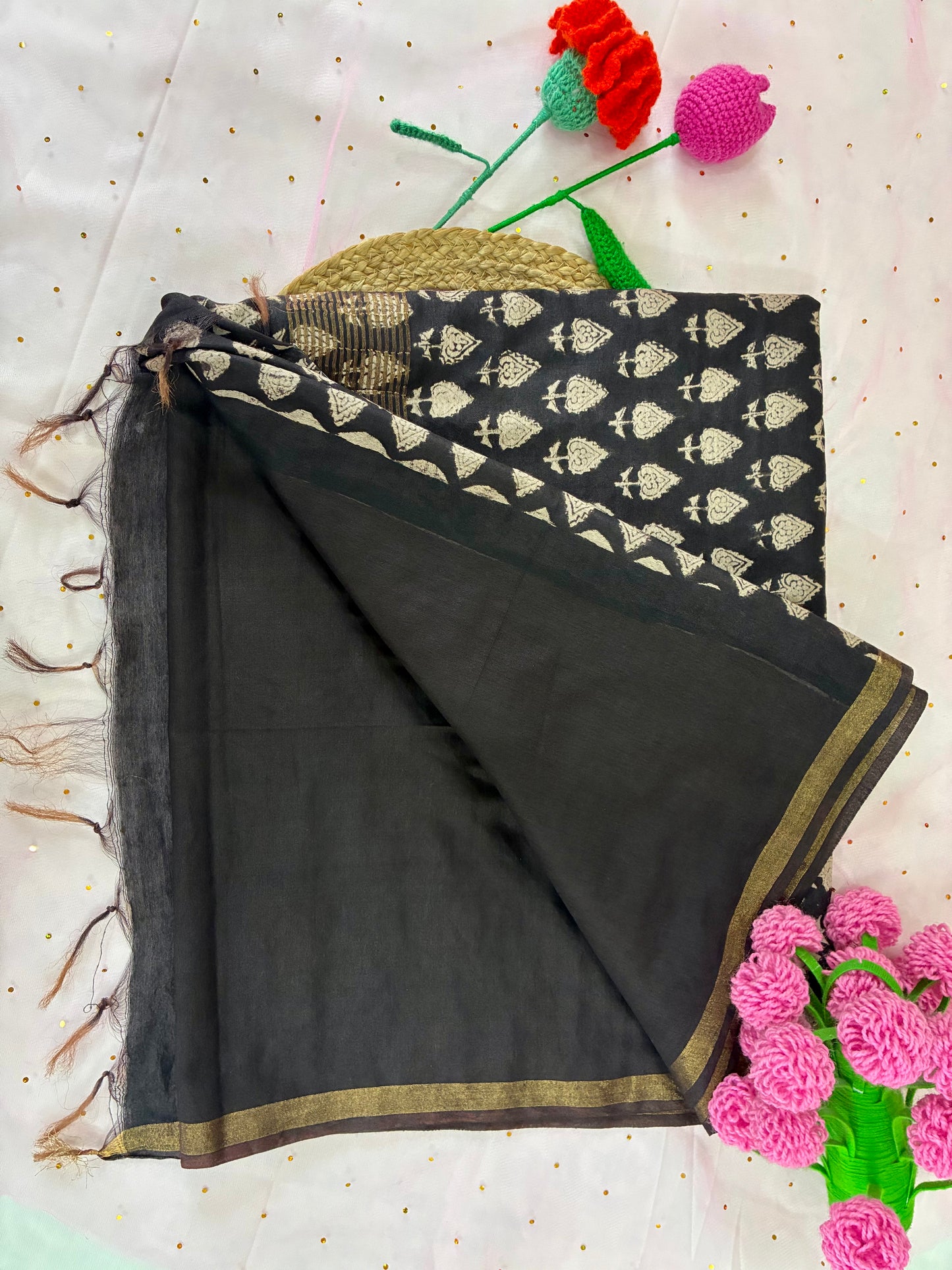 Black Handprinted Chanderi Saree