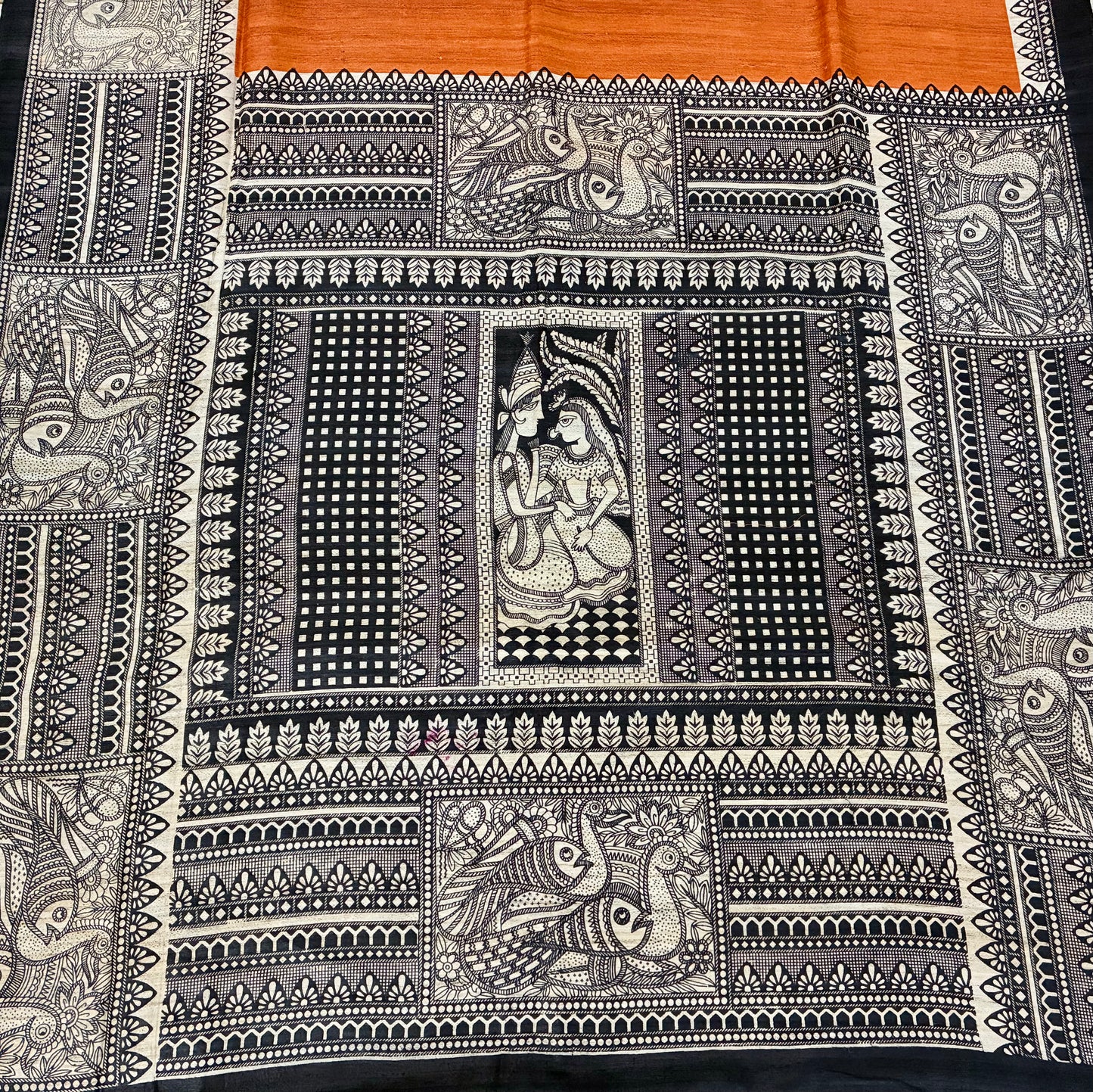 Orange Bhagalpuri Ghicha Silk with Madhubani Print