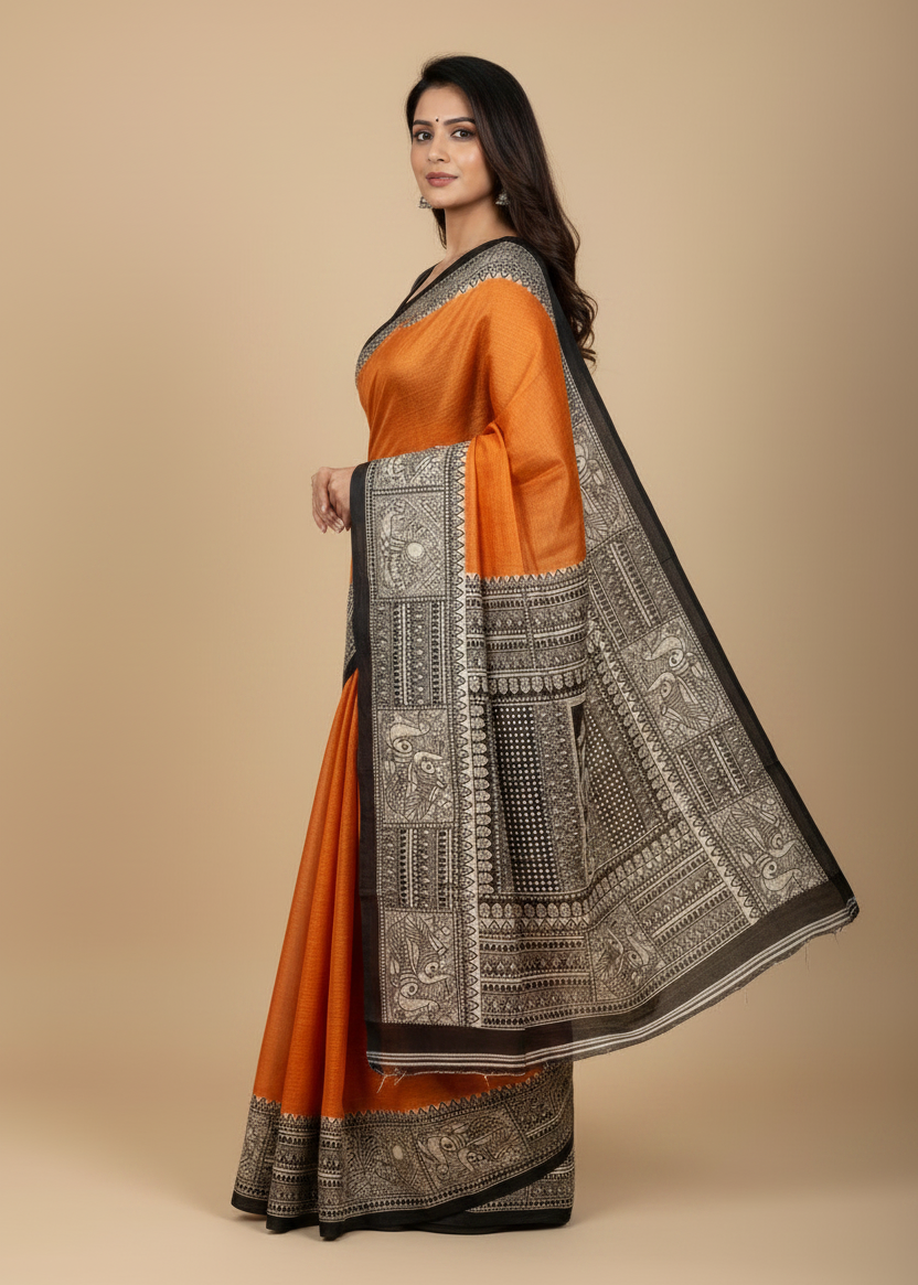 Orange Bhagalpuri Ghicha Silk with Madhubani Print