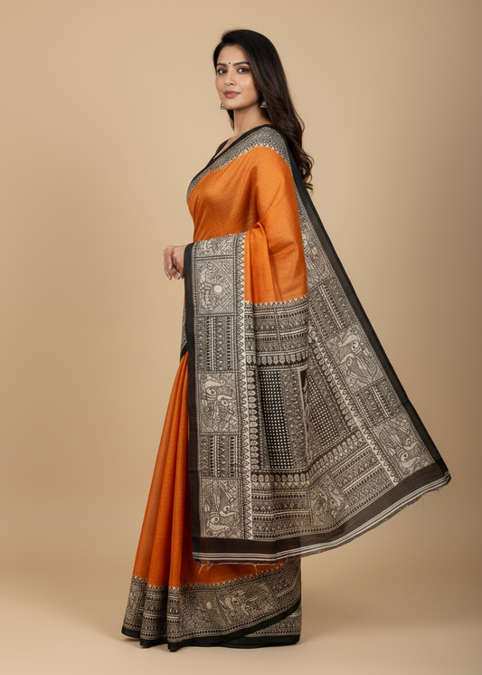 Orange Bhagalpuri Ghicha Silk with Madhubani Print