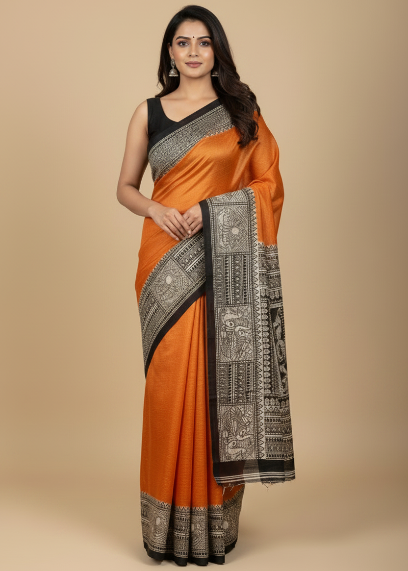 Orange Bhagalpuri Ghicha Silk with Madhubani Print