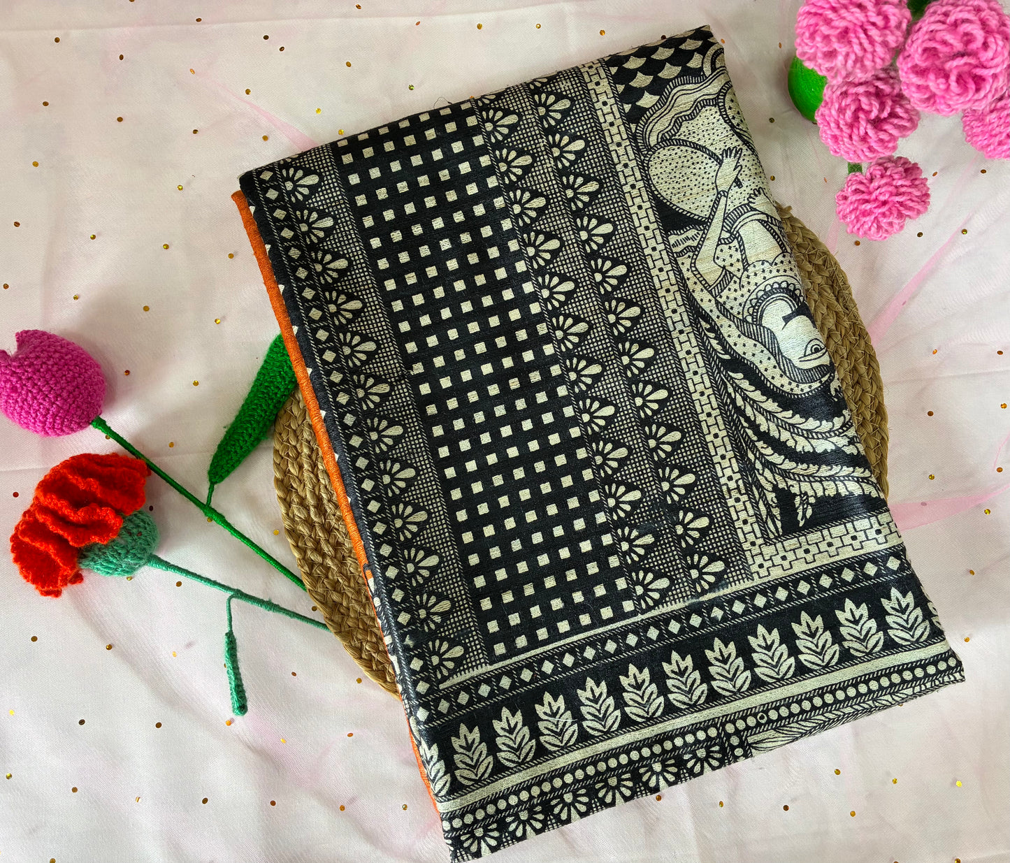 Orange Bhagalpuri Ghicha Silk with Madhubani Print