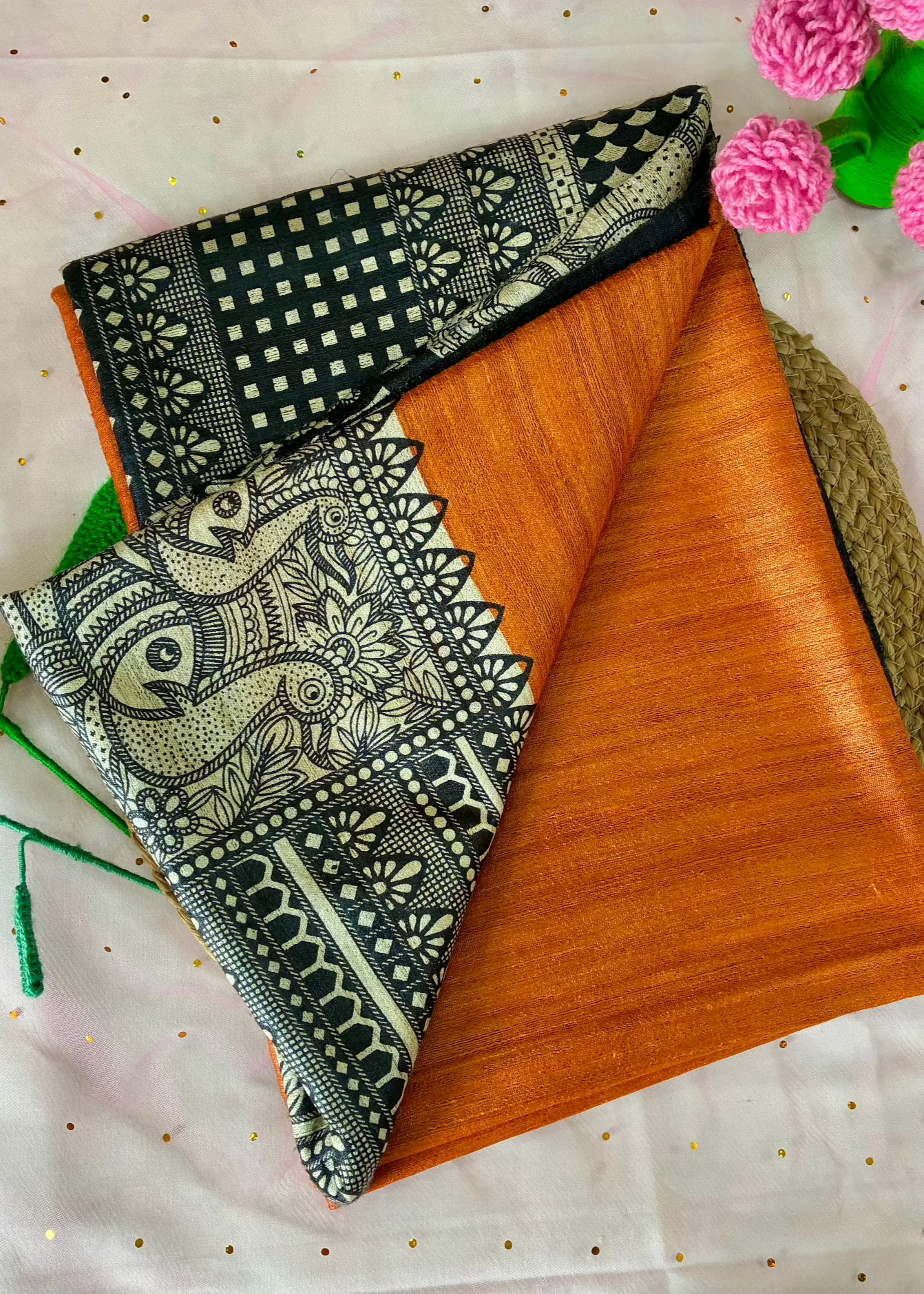 Orange Bhagalpuri Ghicha Silk with Madhubani Print