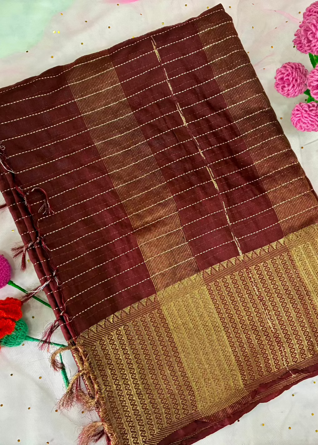 Maroon Crumbled Chanderi Saree