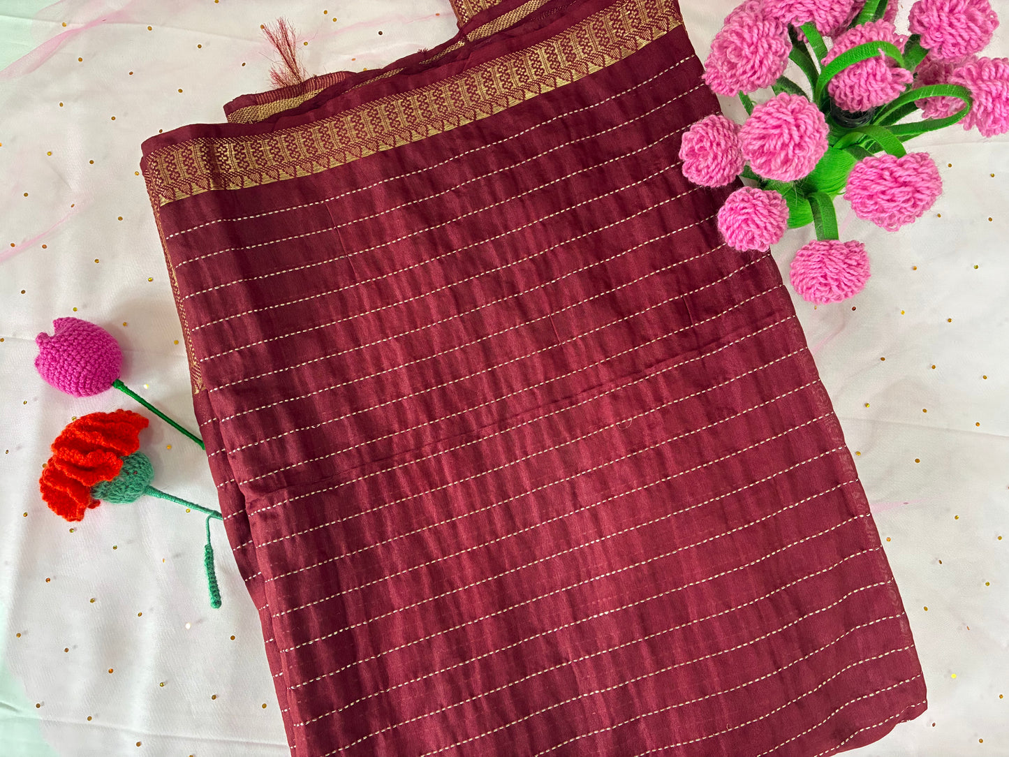 Maroon Crumbled Chanderi Saree