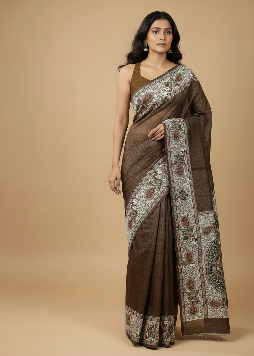 Coffee Brown Bhagalpuri Ghicha Silk With Madhubani Print Saree