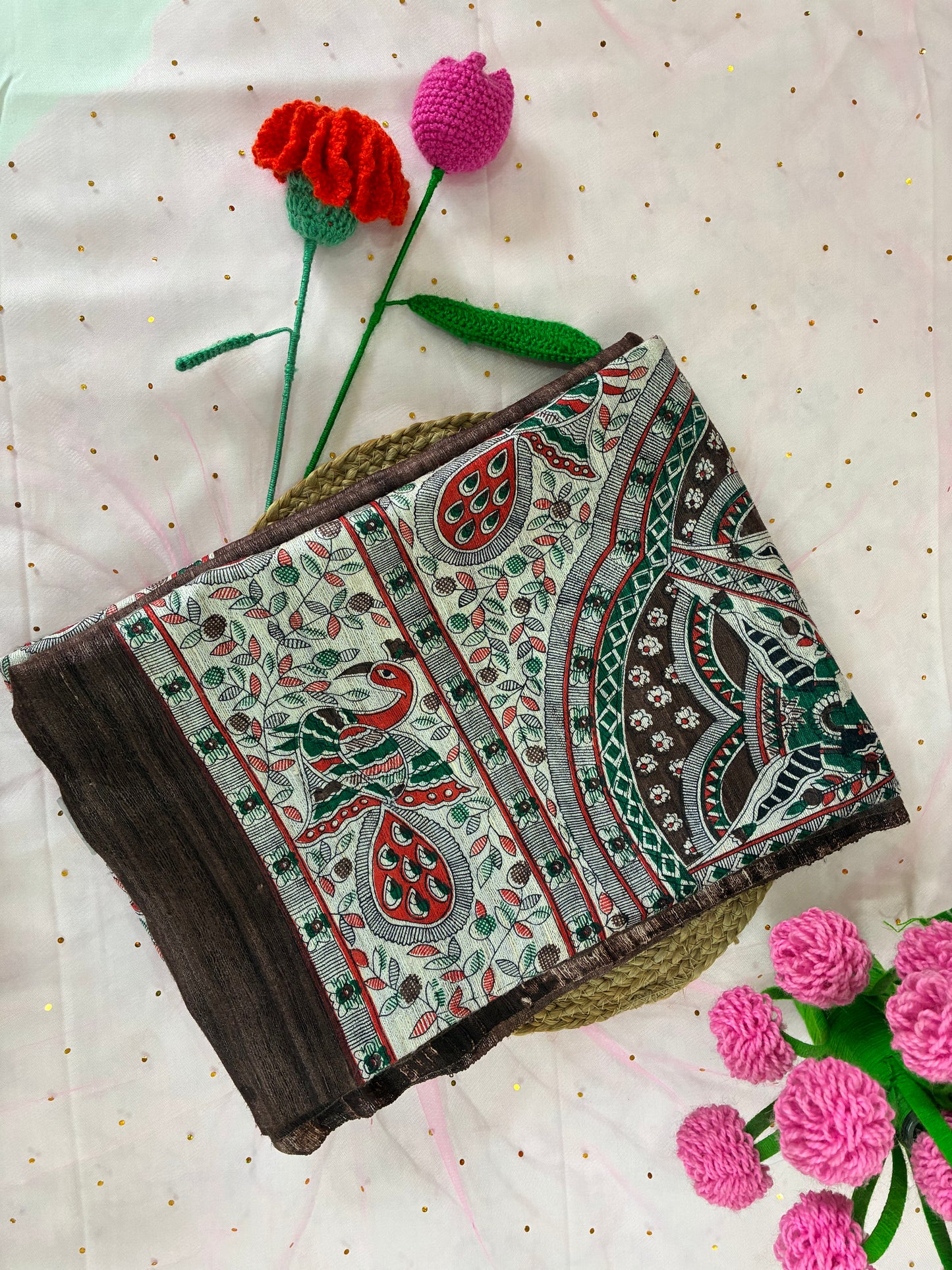 Coffee Brown Bhagalpuri Ghicha Silk With Madhubani Print Saree