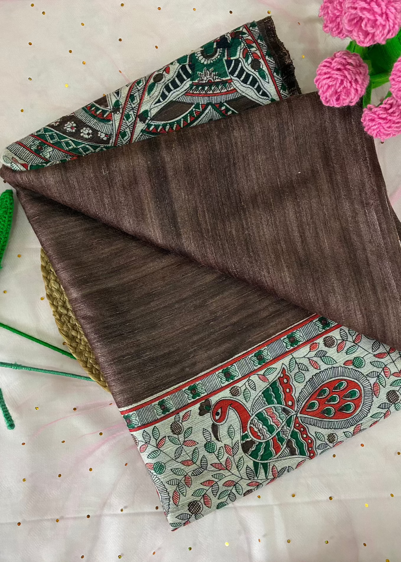 Coffee Brown Bhagalpuri Ghicha Silk With Madhubani Print Saree