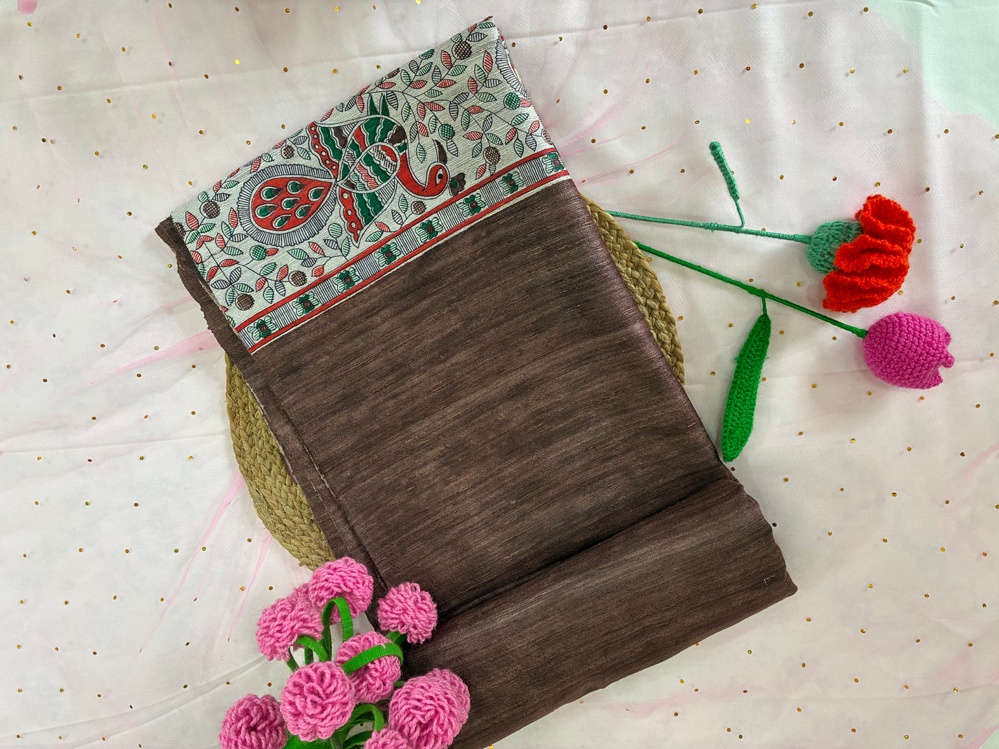 Coffee Brown Bhagalpuri Ghicha Silk With Madhubani Print Saree