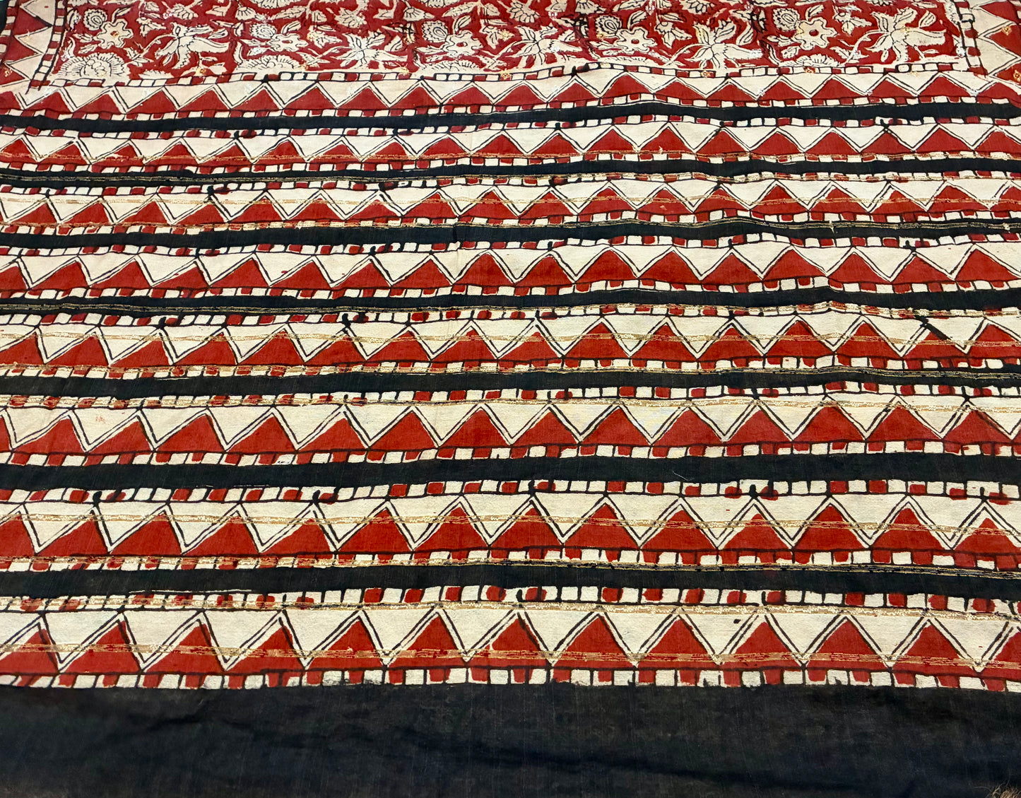 Red Black Floral  Handprinted Chanderi Saree