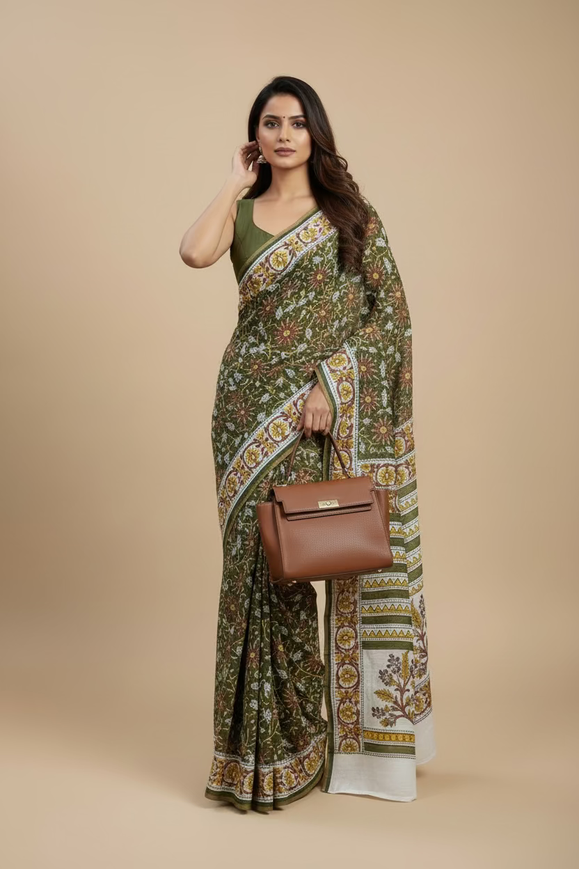 Green Floral  Handprinted Chanderi Saree