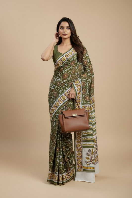 Green Floral  Handprinted Chanderi Saree