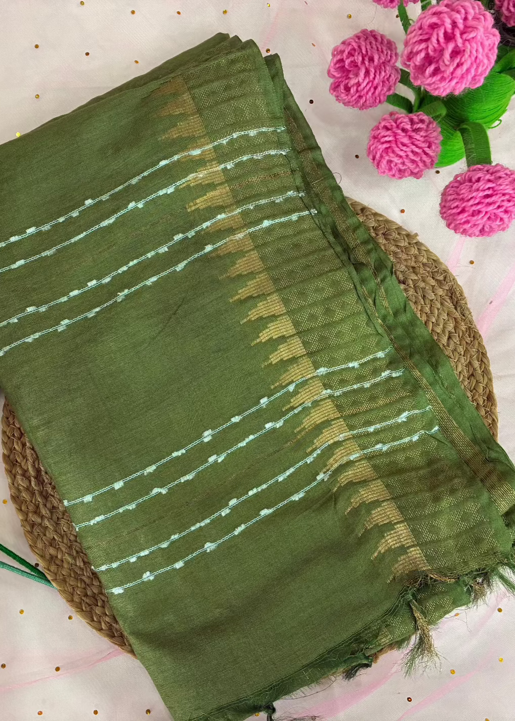 Green Crumbled Chanderi Saree