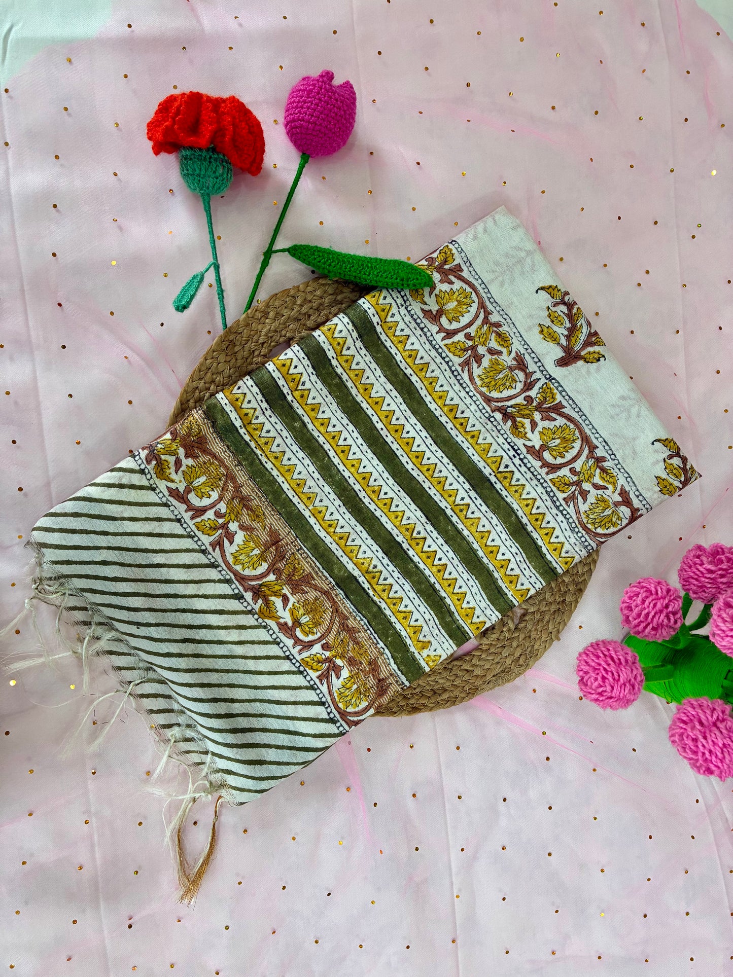 Green Floral  Handprinted Chanderi Saree