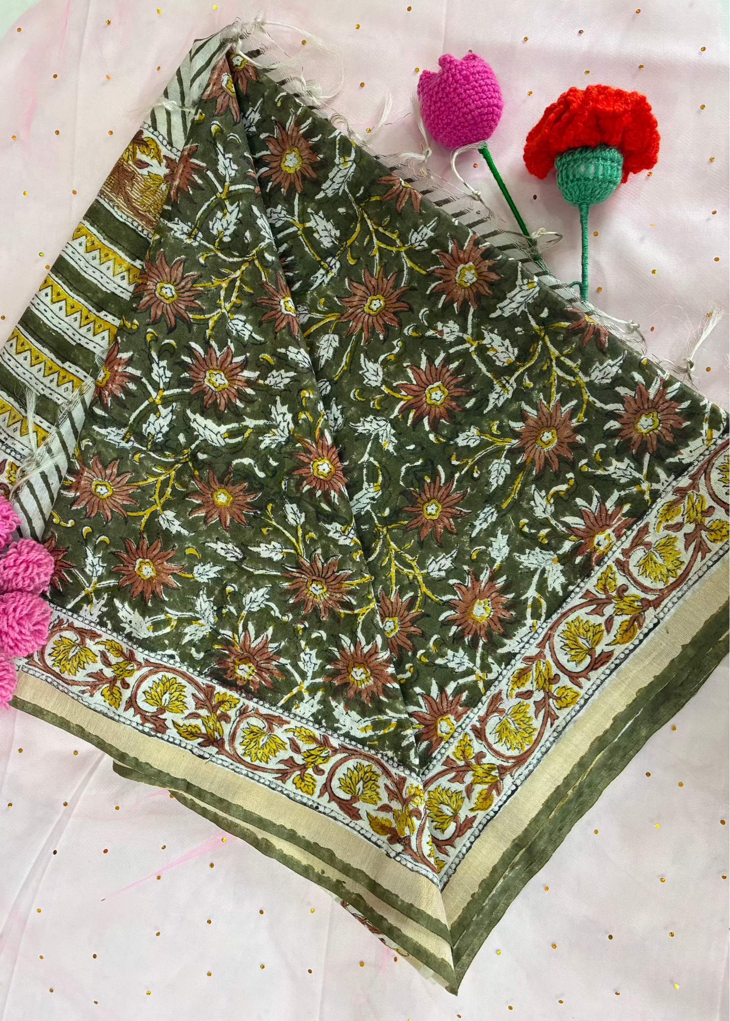 Green Floral  Handprinted Chanderi Saree