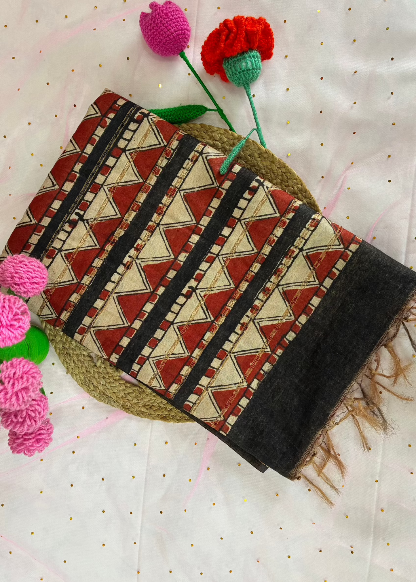 Red Black Floral  Handprinted Chanderi Saree
