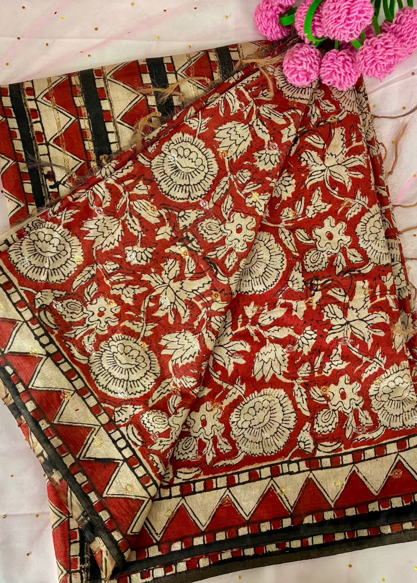 Red Black Floral  Handprinted Chanderi Saree