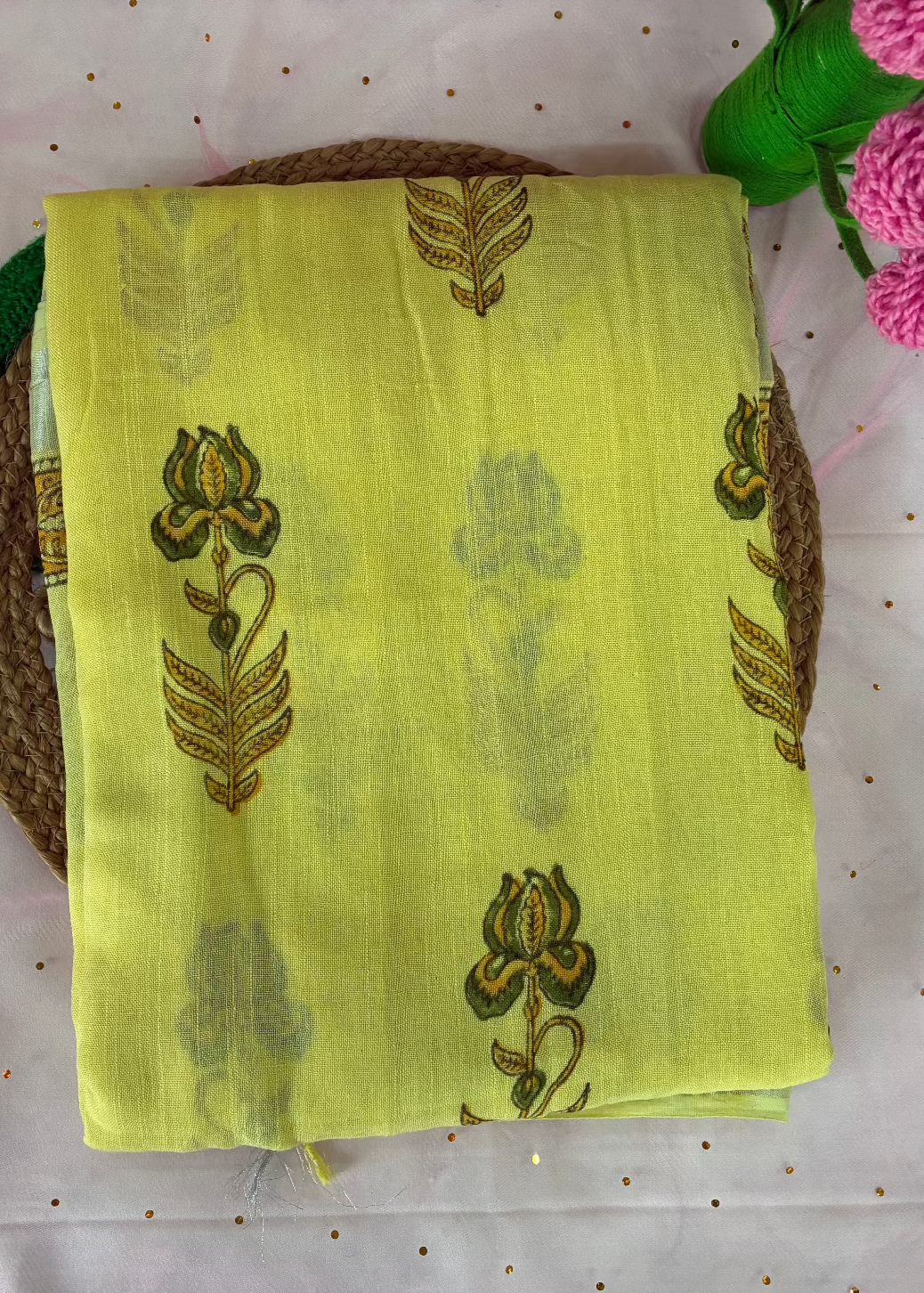 Aarohi- Yellow Linen Cotton Bagru Printed Saree