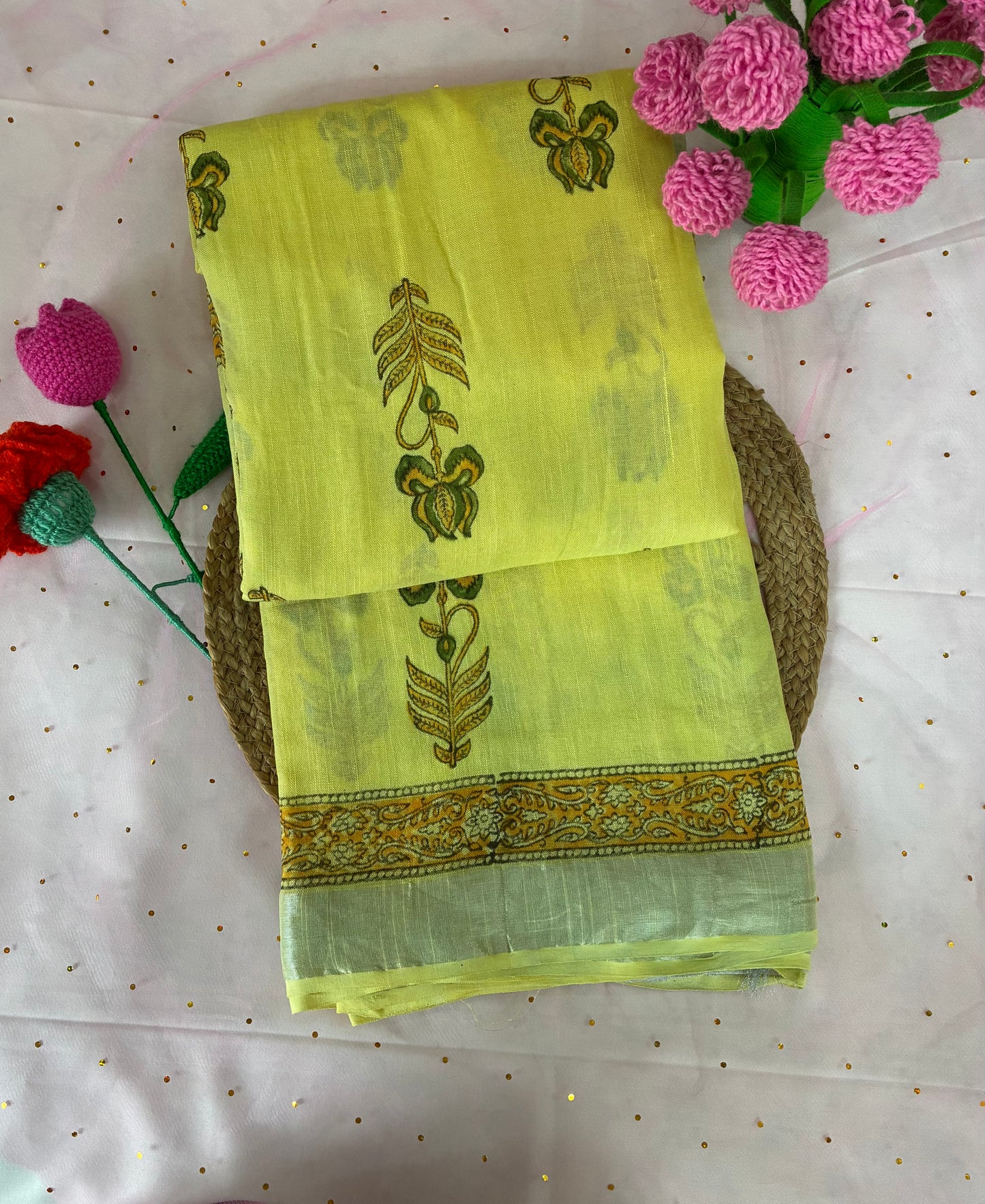 Aarohi- Yellow Linen Cotton Bagru Printed Saree