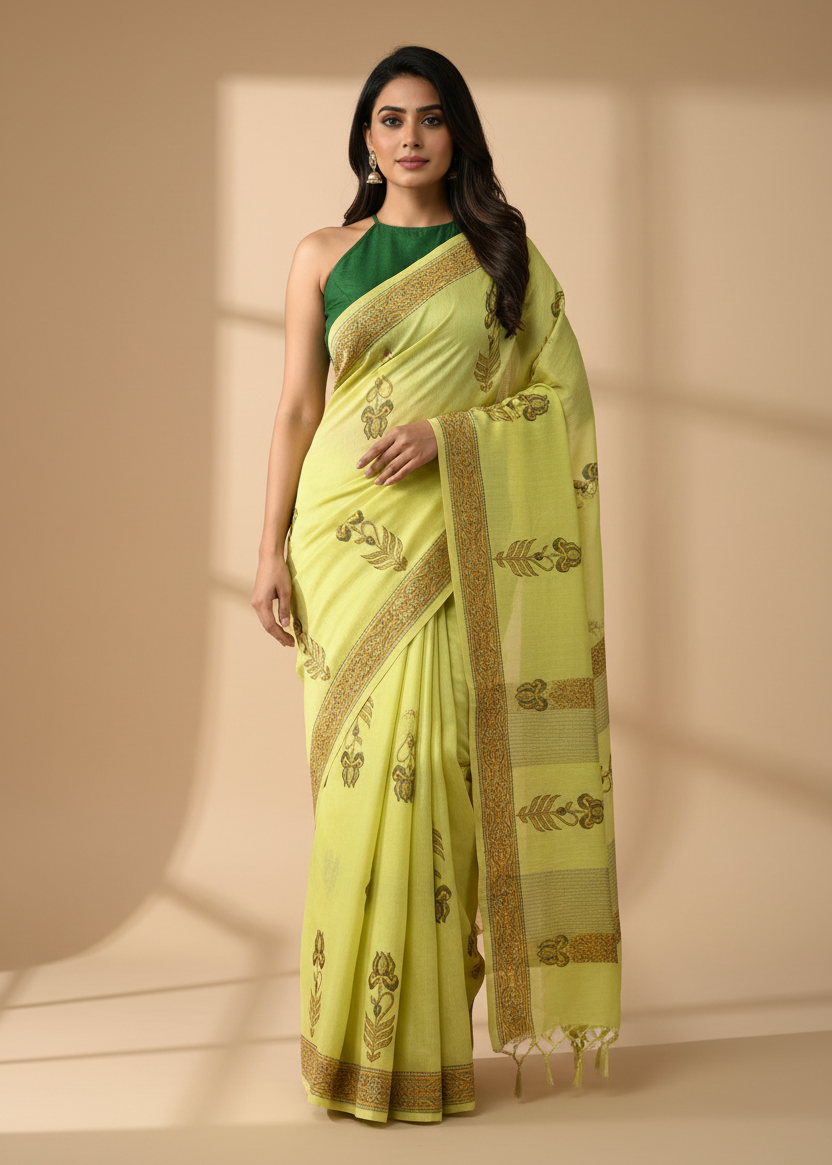 Aarohi- Yellow Linen Cotton Bagru Printed Saree