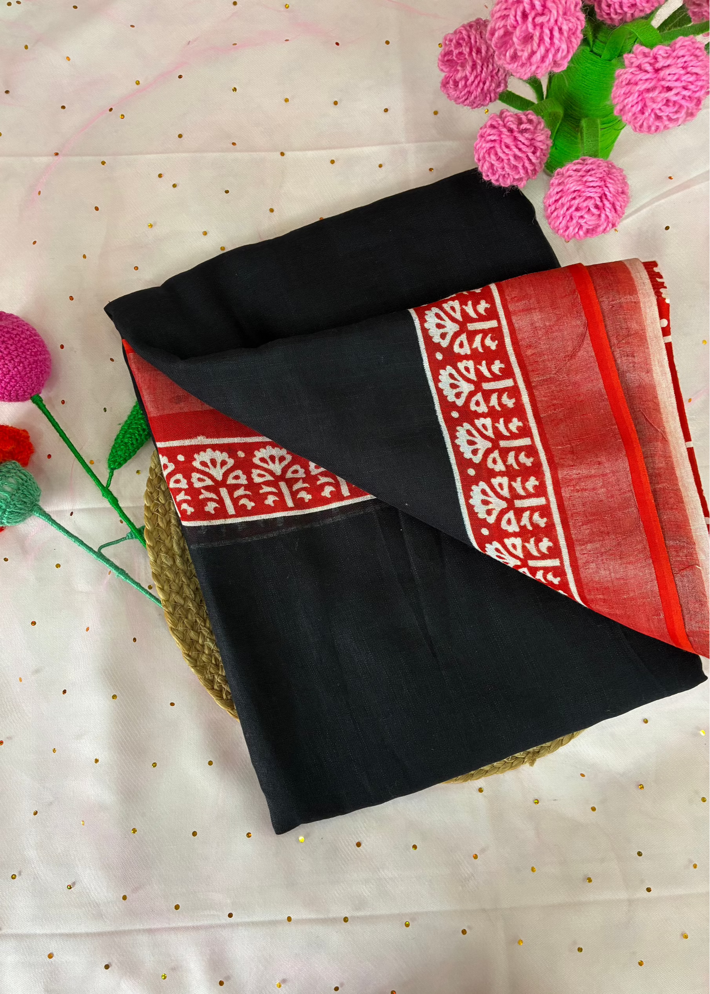 Kaari- Black Linen Cotton Bagru Printed Saree