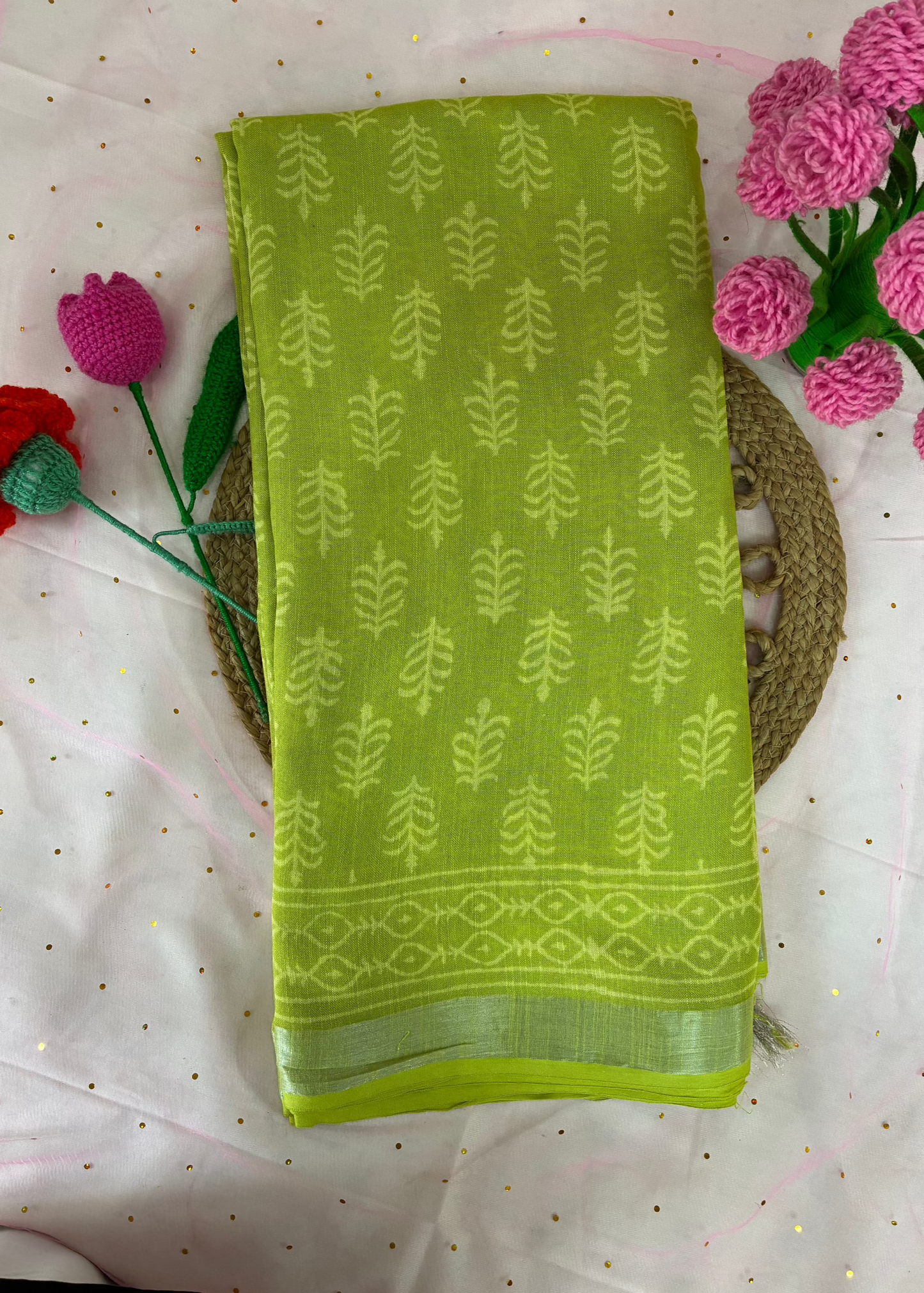 Paarna- Green Linen Cotton Bagru Printed Saree