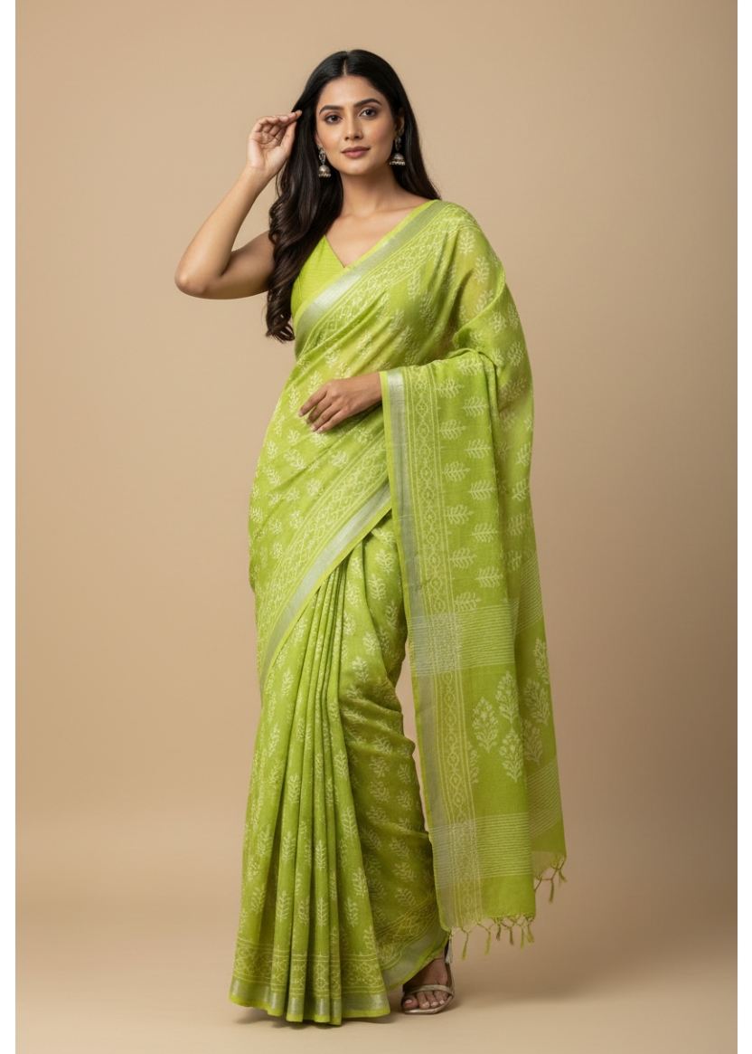 Paarna- Green Linen Cotton Bagru Printed Saree