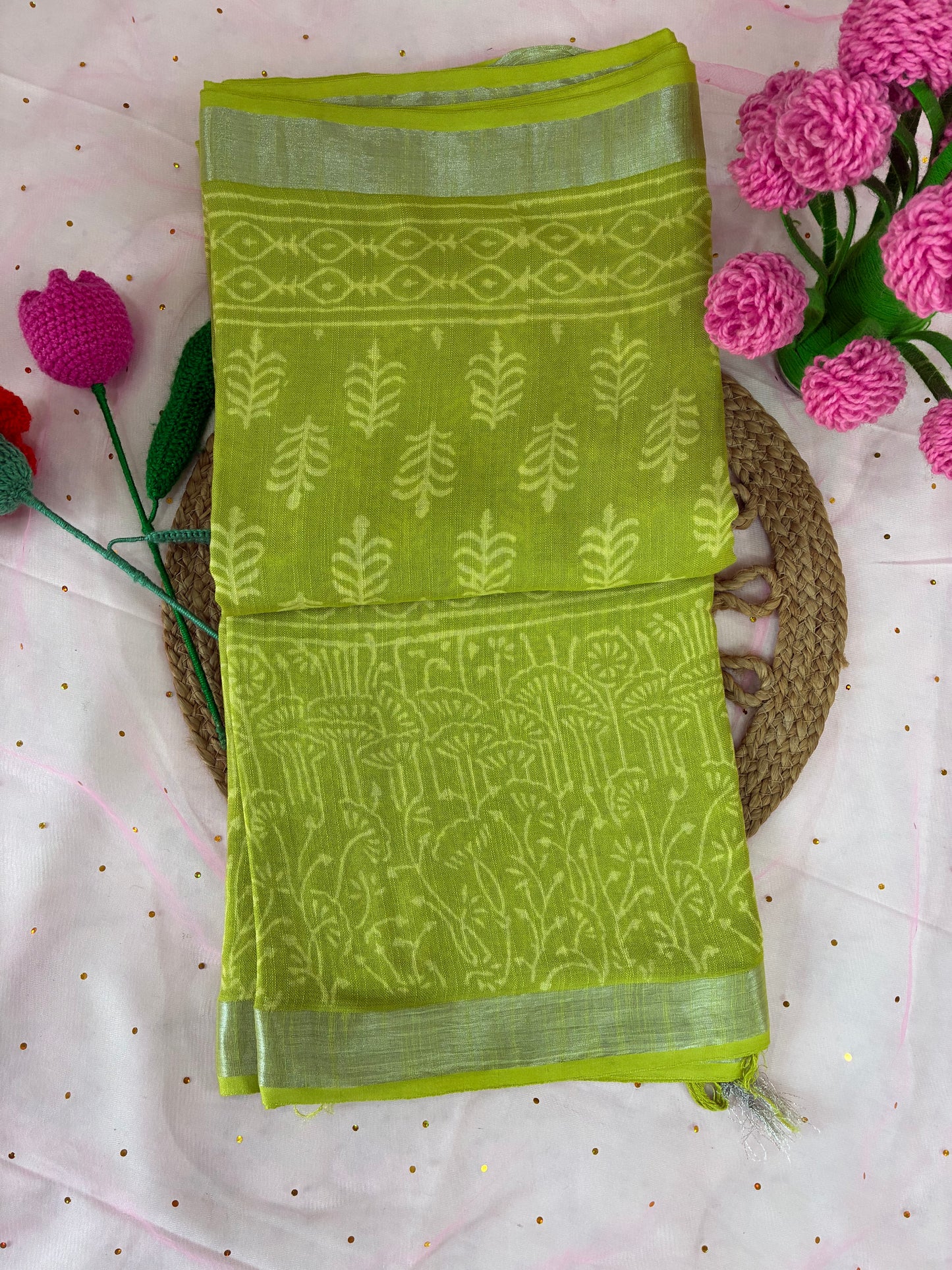 Paarna- Green Linen Cotton Bagru Printed Saree