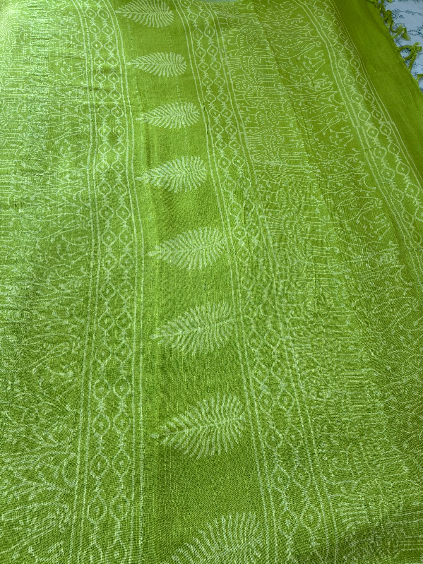 Paarna- Green Linen Cotton Bagru Printed Saree